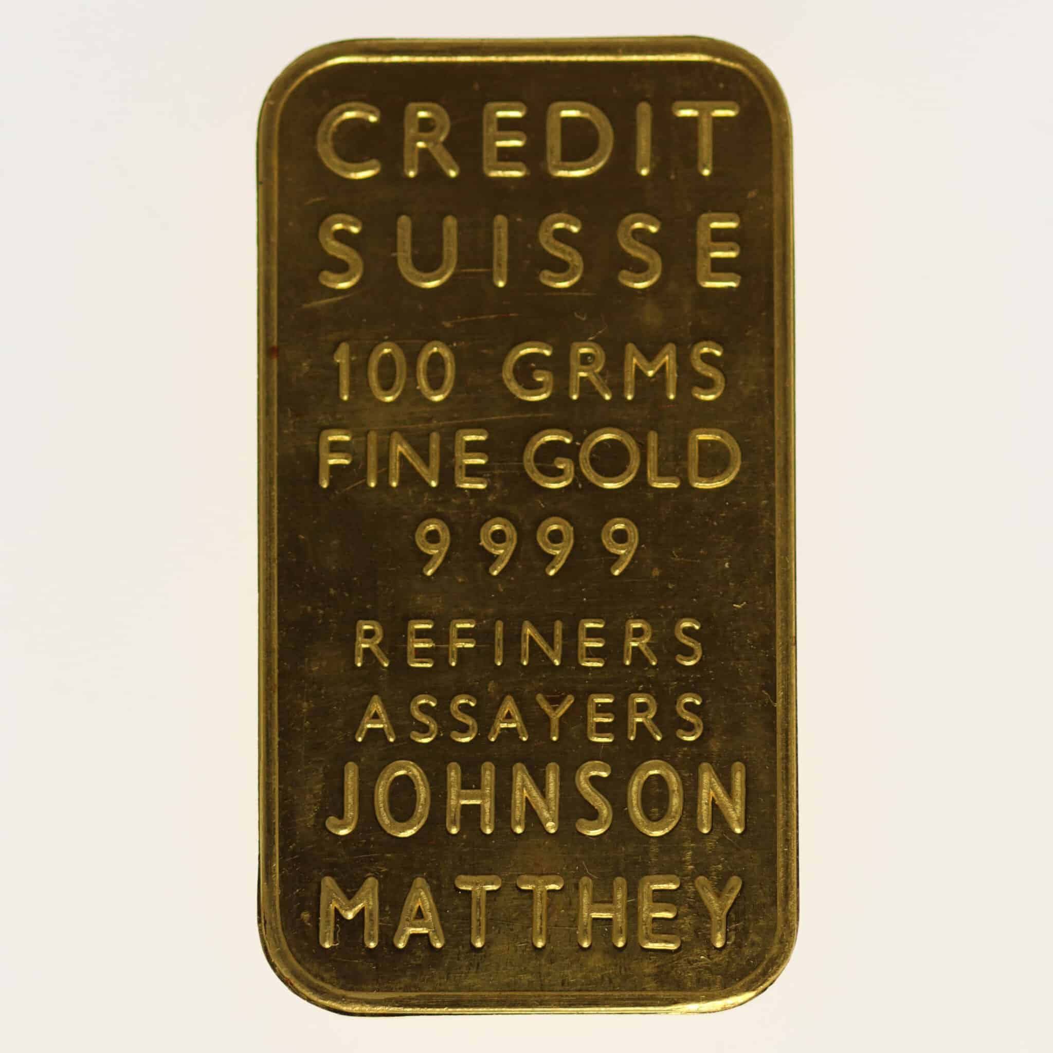 Goldbarren 100 Gramm Johnson Matthey für Credit Suisse