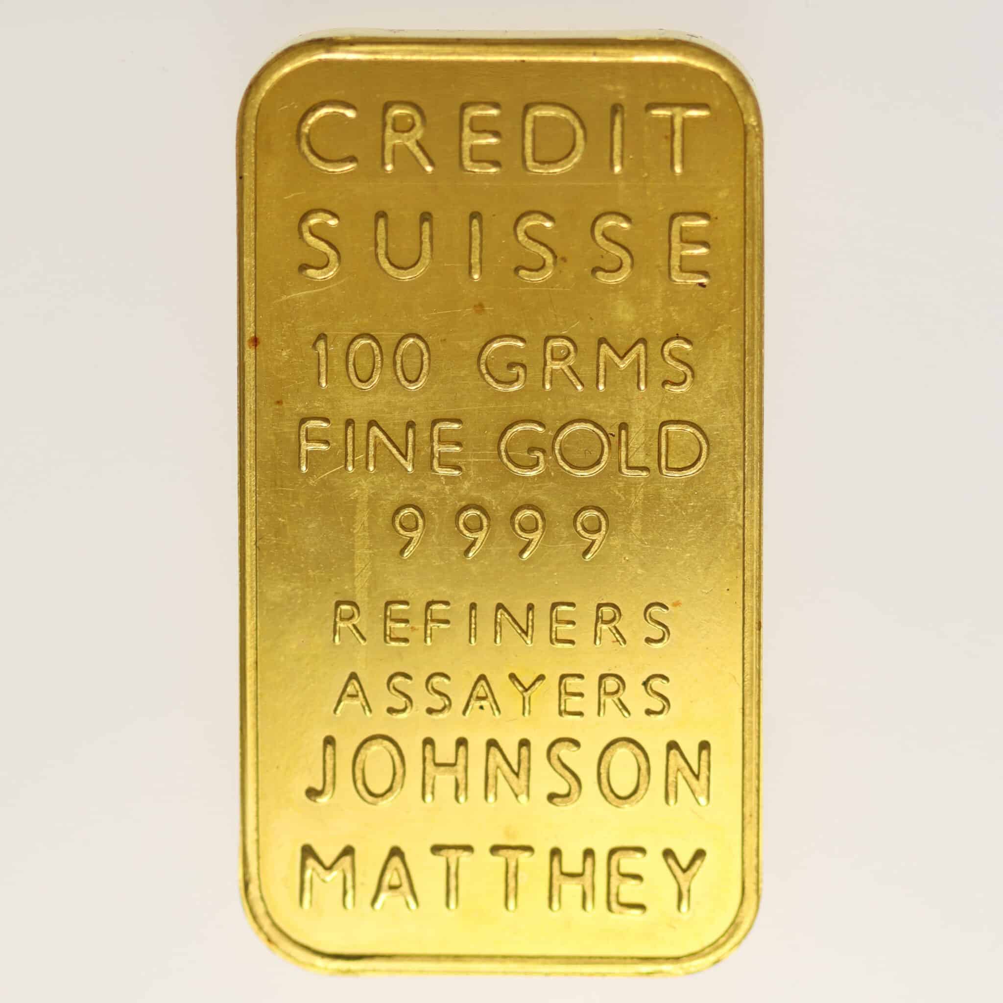 Goldbarren 100 Gramm Johnson Matthey für Credit Suisse