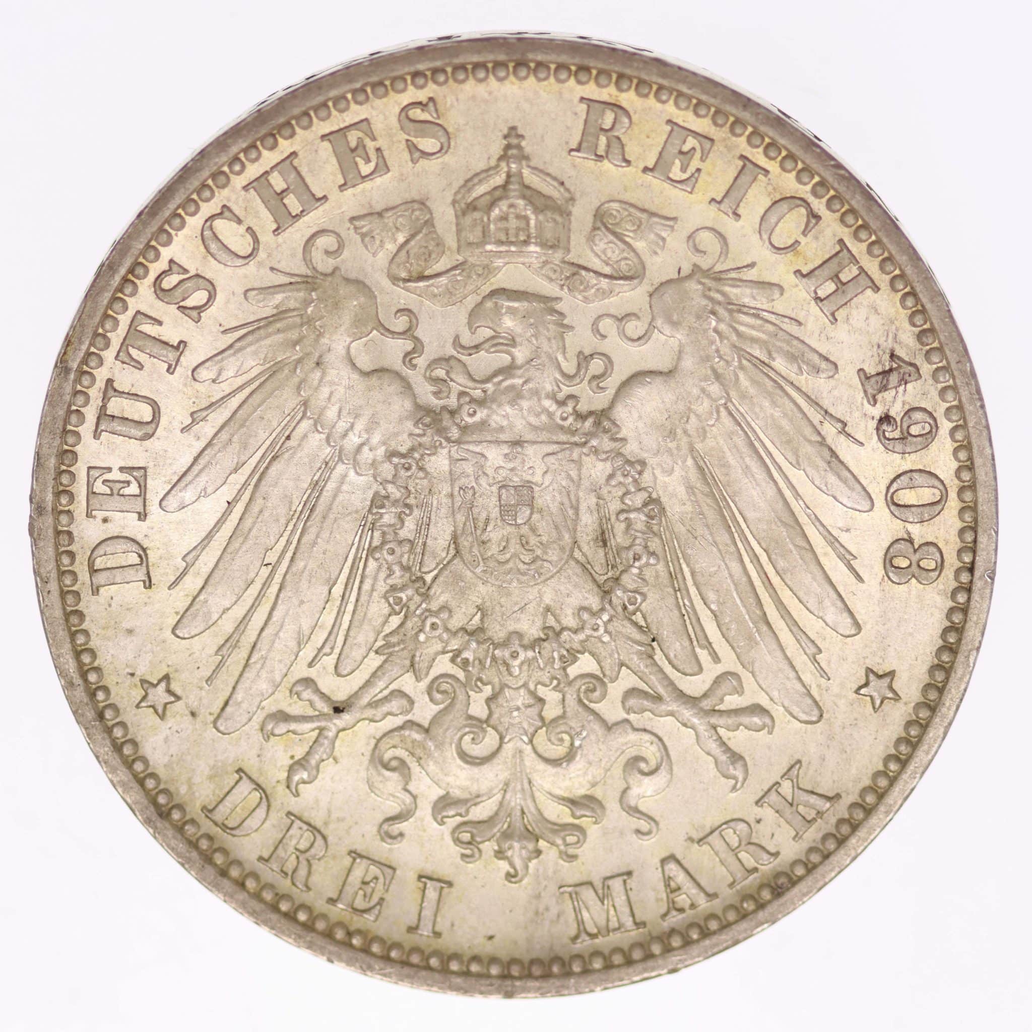 Württemberg Wilhelm II. 3 Mark 1908