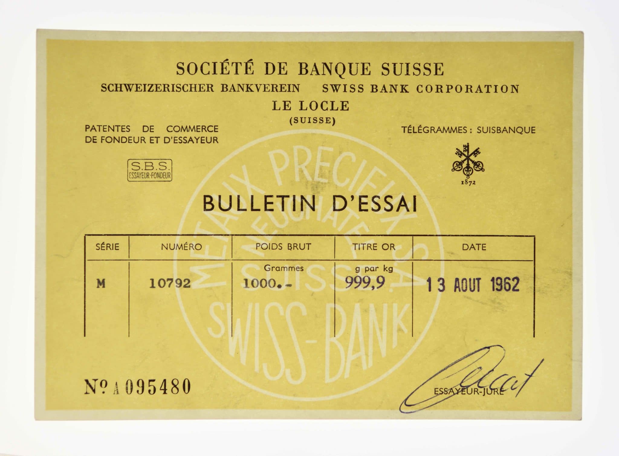 Goldbarren 1000 Gramm Schweiz S.B.S. Metaux Precieux S.A.