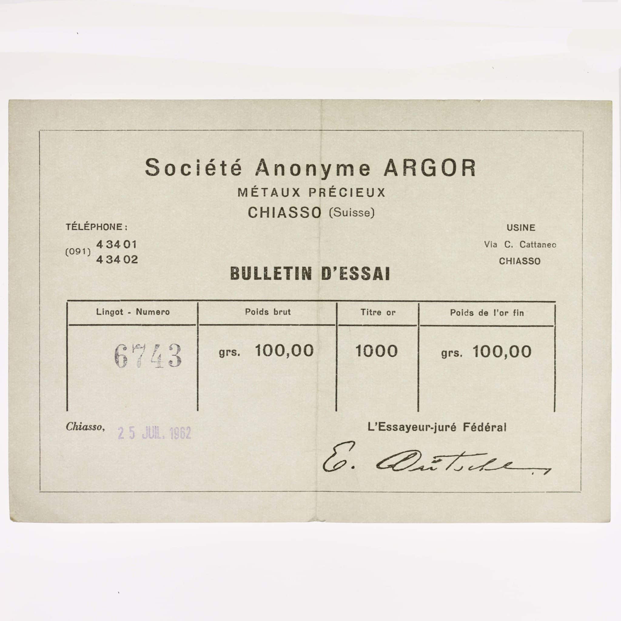Goldbarren 100 Gramm Schweiz Argor S.A. Chiasso