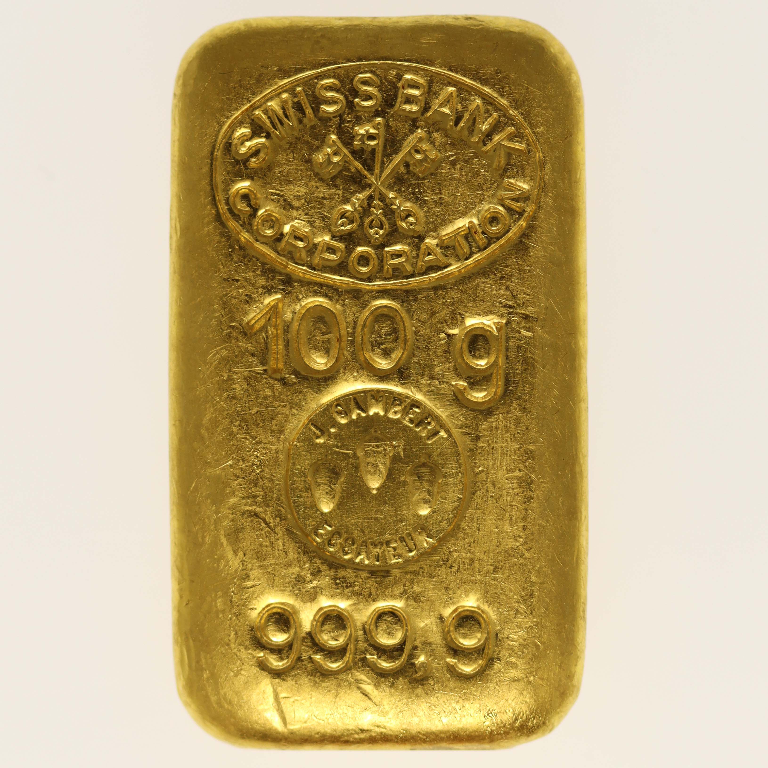 Goldbarren 100 Gramm J. Gambert für Swiss Bank Corporation