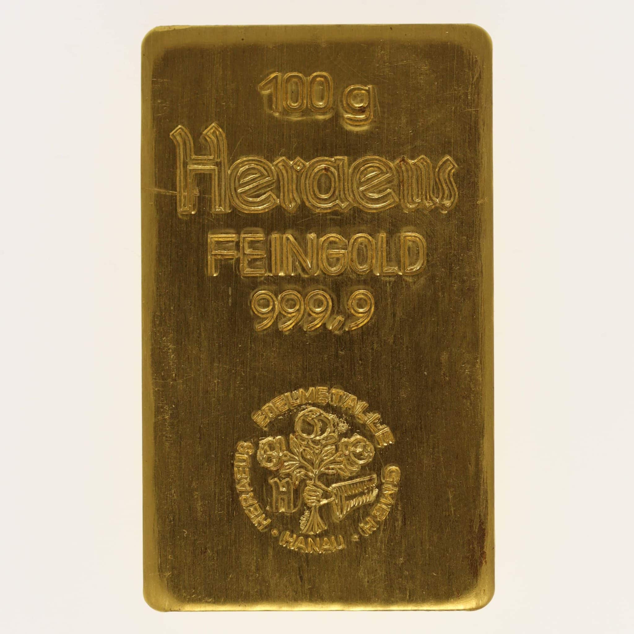 Goldbarren 100 Gramm Heraeus Hanau