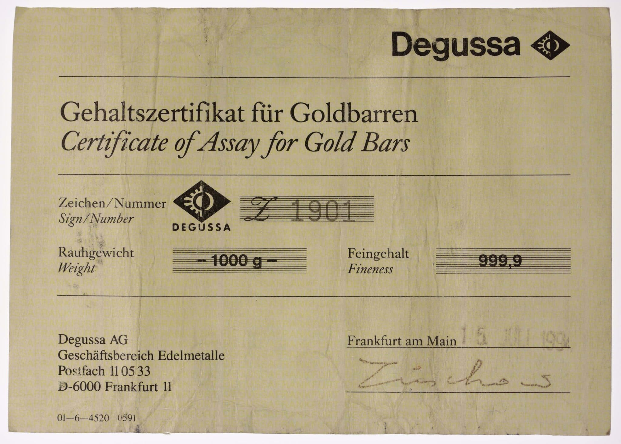 Goldbarren 1000 Gramm Degussa