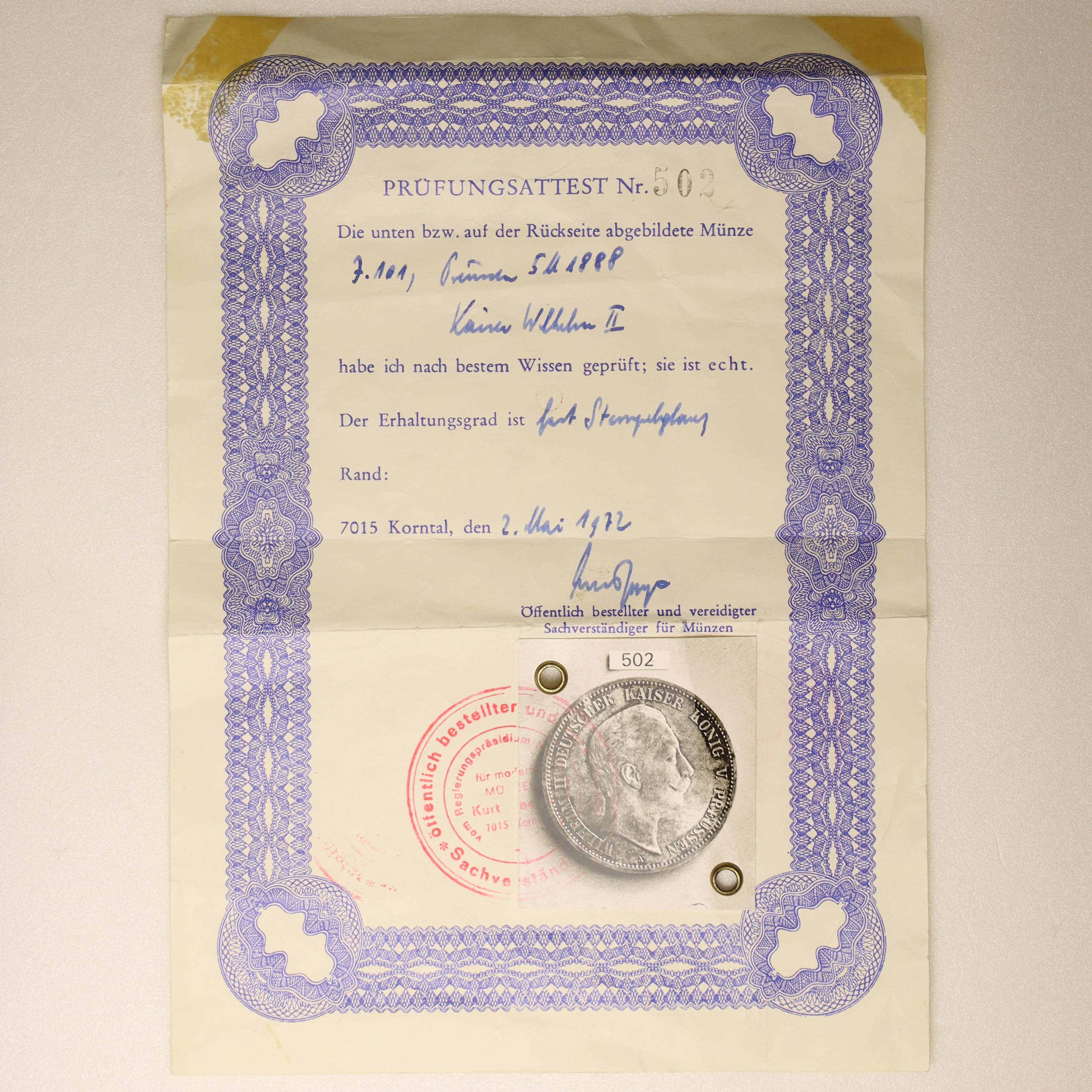 Preussen Wilhelm II. 5 Mark 1888 A