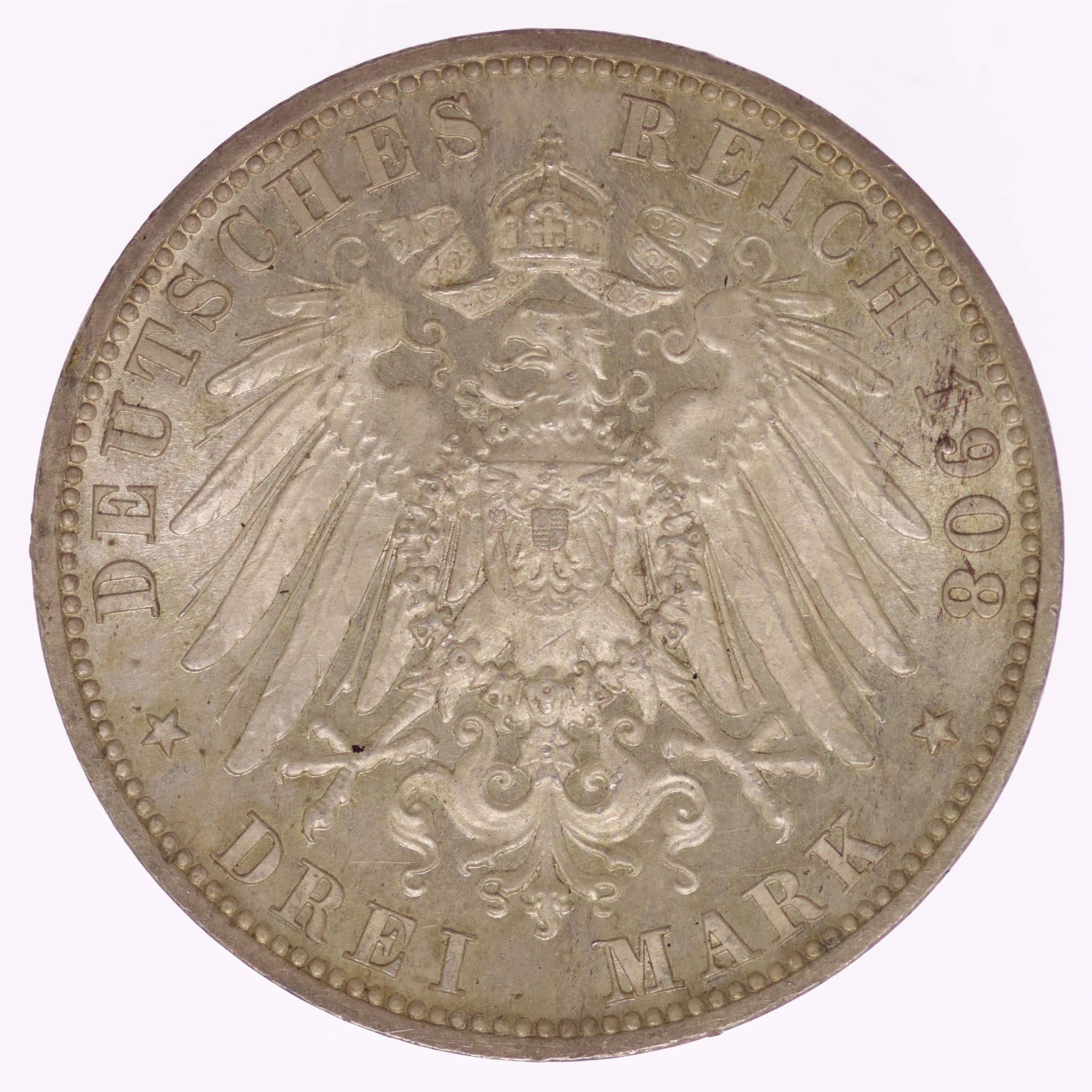 Württemberg Wilhelm II. 3 Mark 1908