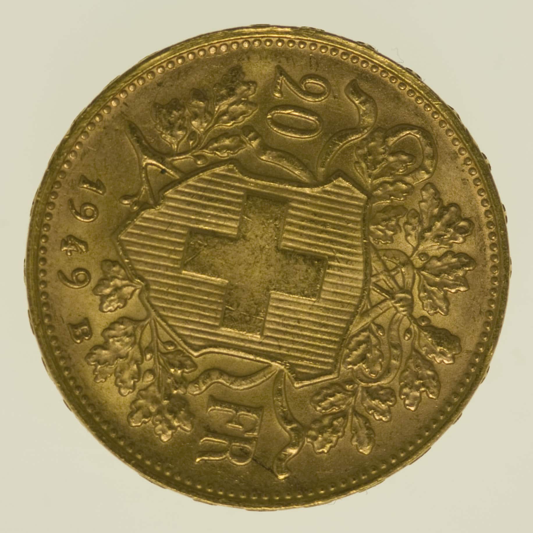 Schweiz 20 Franken 1949 B Vreneli Stempeldrehung