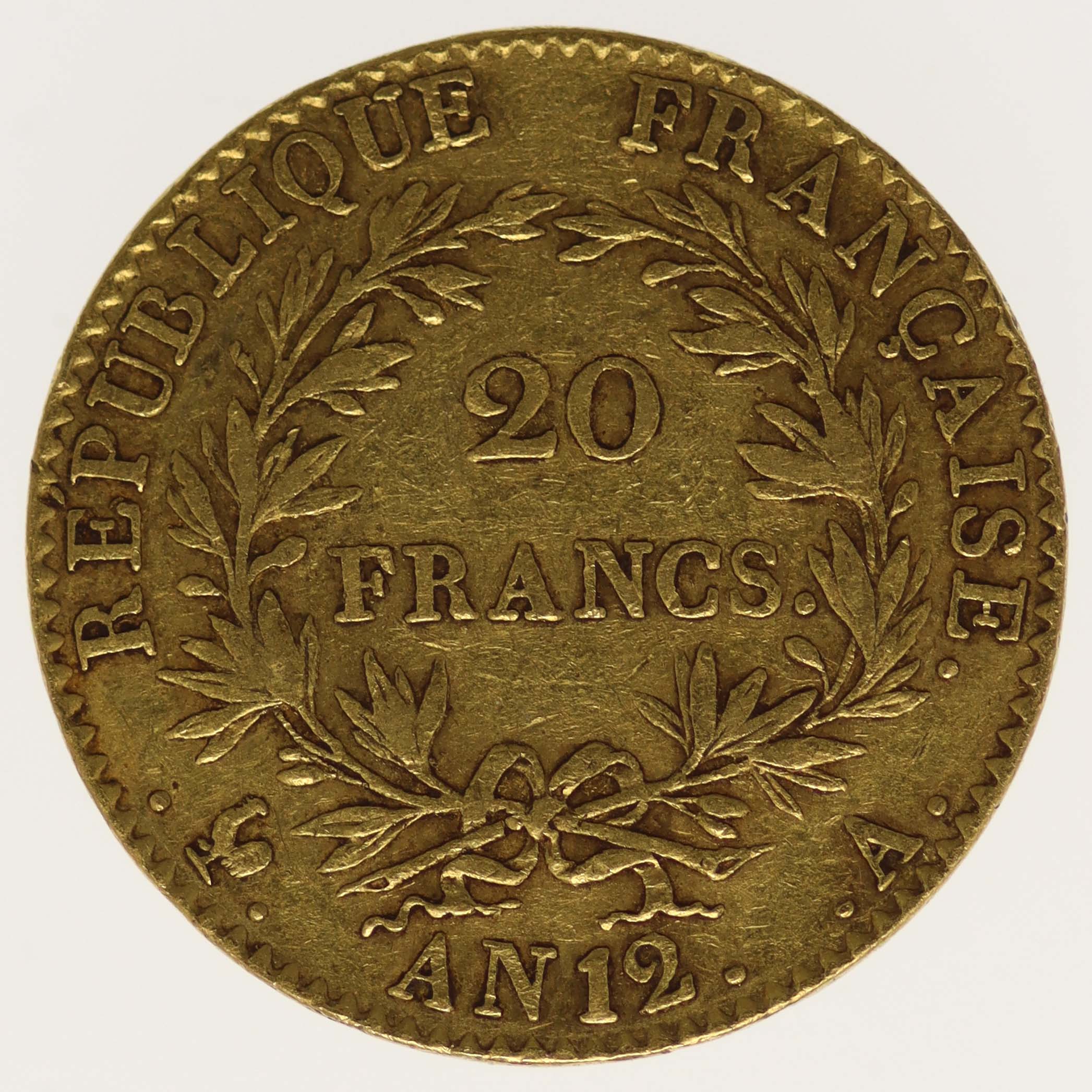 Frankreich Bonaparte Premier Consul 20 Francs AN 12 A