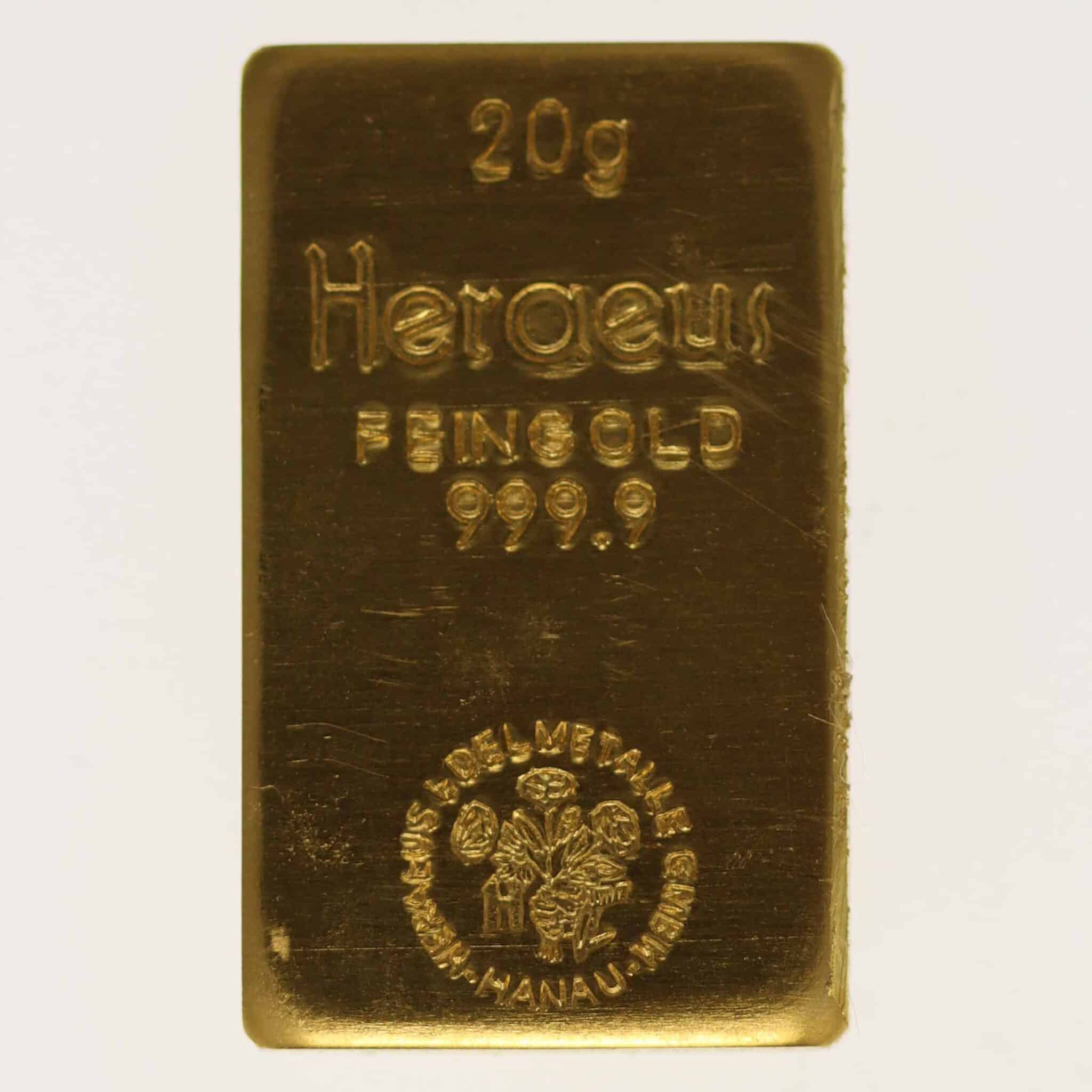 Goldbarren 20 Gramm Heraeus