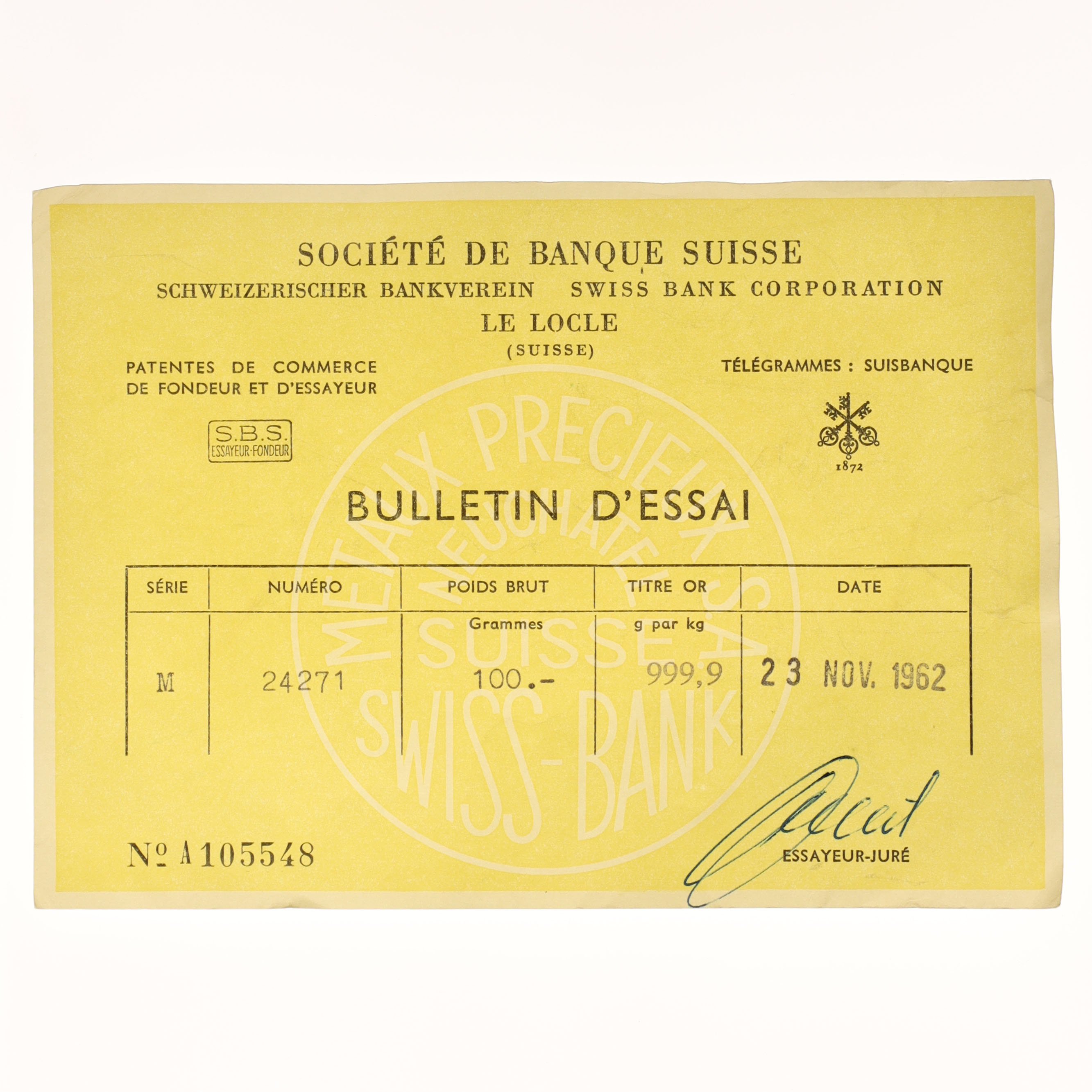 Goldbarren 100 Gramm Schweiz S.B.S.
