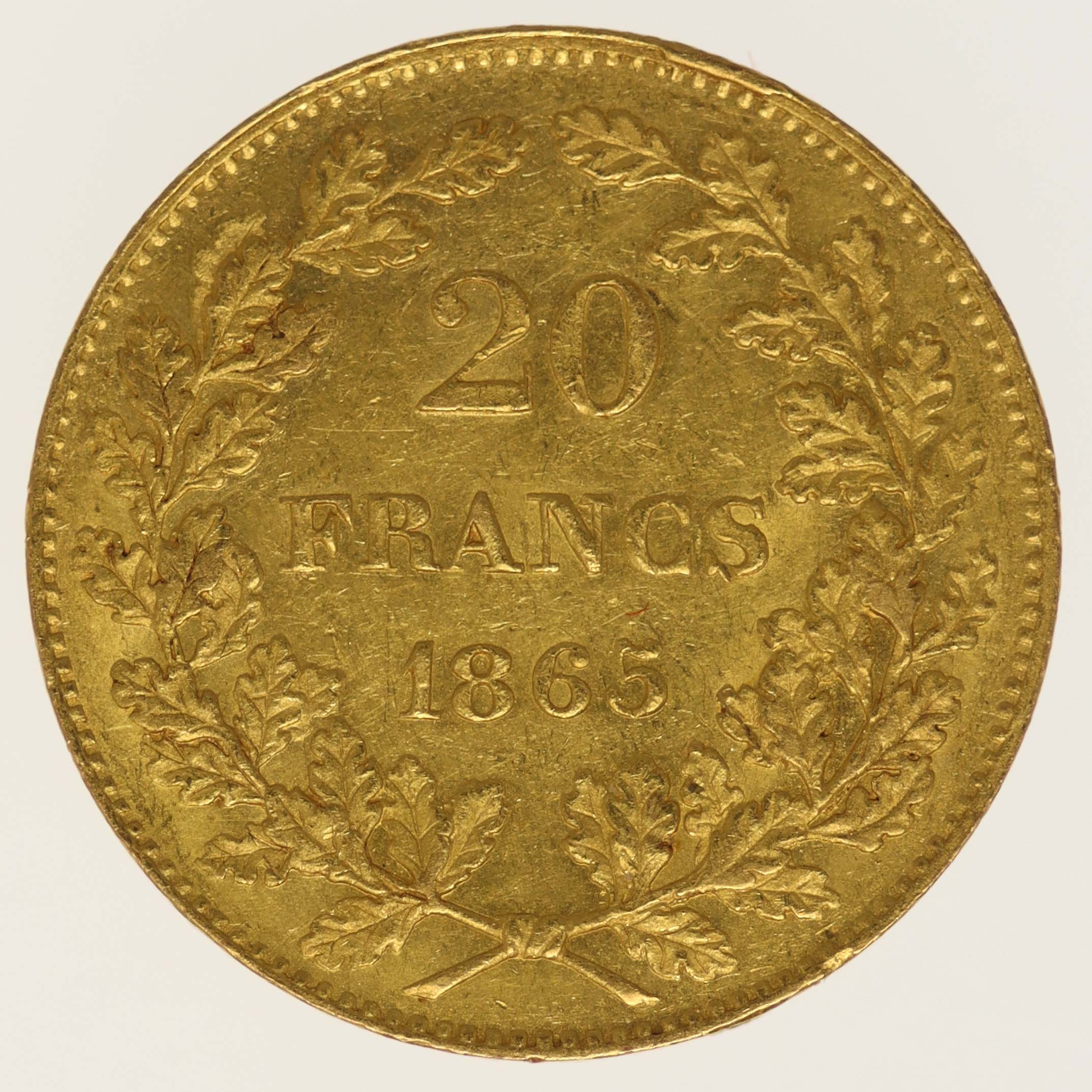 Belgien Leopold I. 20 Francs 1865