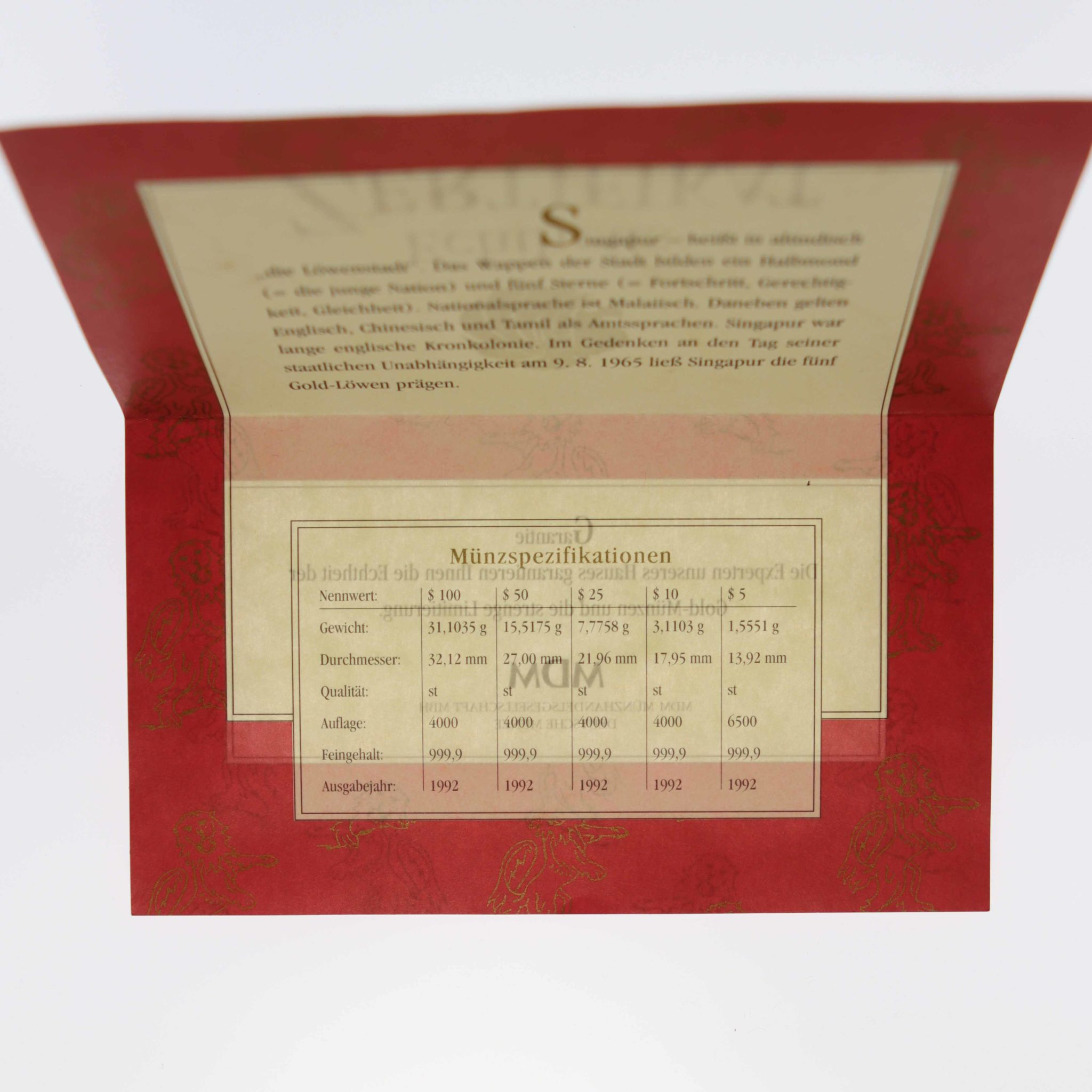 Singapur 5 Coin Proof Set 1992 Löwe