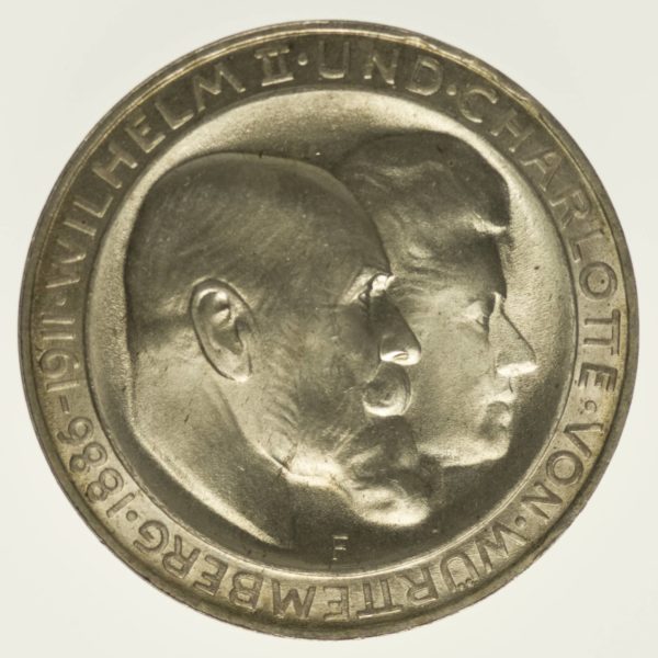 Württemberg Wilhelm II. Silberhochzeit 3 Mark 1911 Silber 15 Gramm fein RAR
