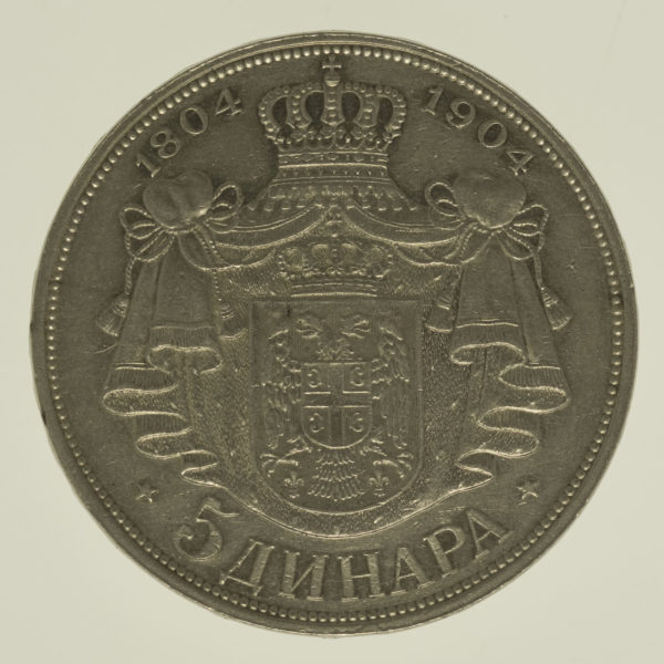 serbien-silbermuenzen-uebriges-europa - Serbien Peter I. 5 Dinara 1904