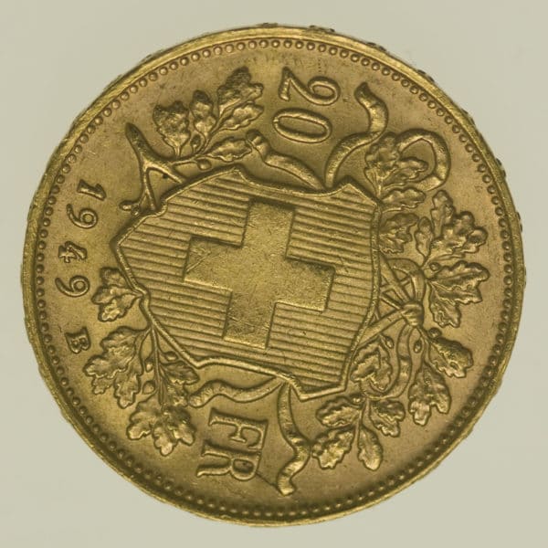 schweiz - Schweiz 20 Franken 1949 B Vreneli Stempeldrehung