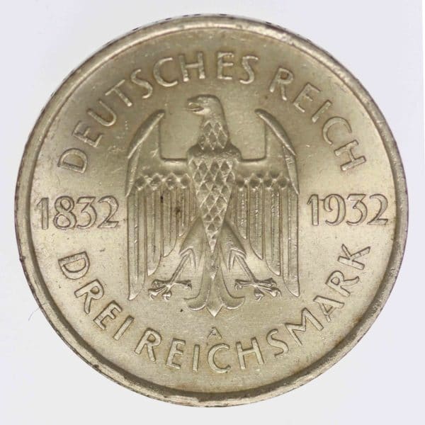 weimarer-republik-deutsche-silbermuenzen - Weimarer Republik 3 Reichsmark 1932 A Goethe