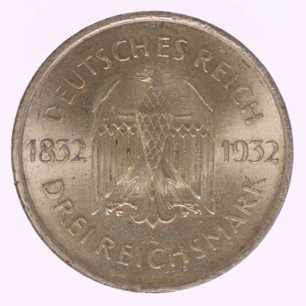 weimarer-republik-deutsche-silbermuenzen - Weimarer Republik 3 Reichsmark 1932 A Goethe