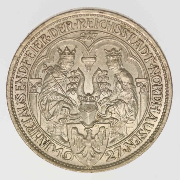 weimarer-republik-deutsche-silbermuenzen - Weimarer Republik 3 Reichsmark 1927 Nordhausen