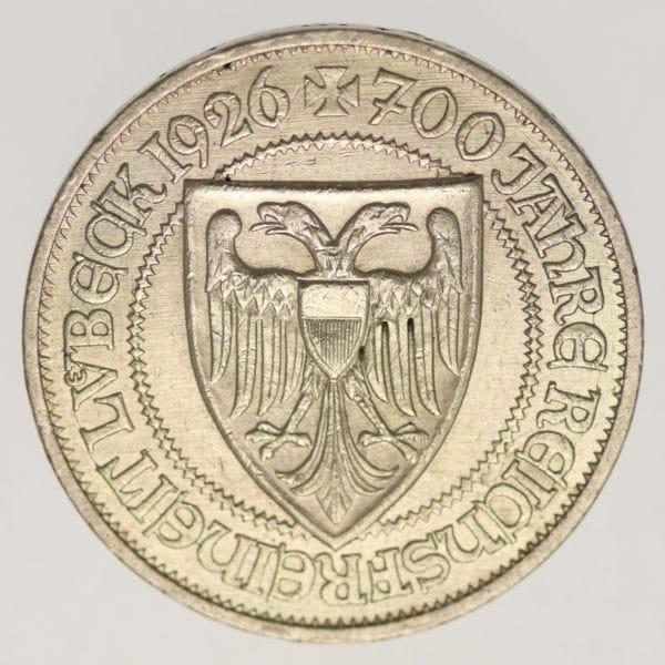 weimarer-republik-deutsche-silbermuenzen - Weimarer Republik 3 Reichsmark 1926 Lübeck