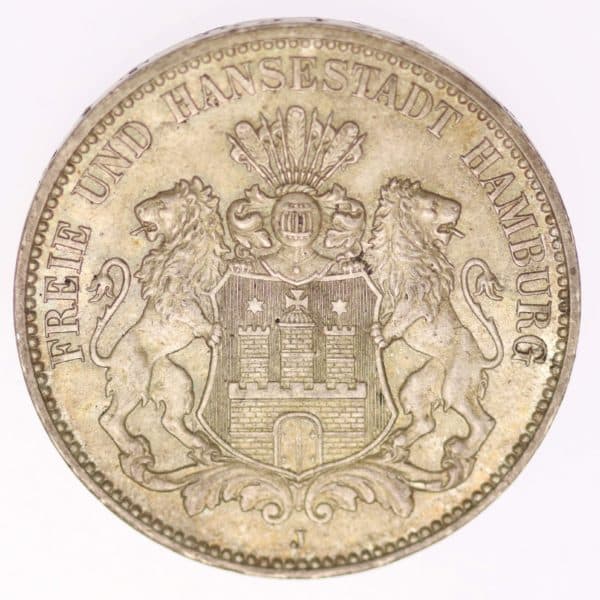 deutsches-kaiserreich-ab-1871-deutsche-silbermuenzen - Hamburg Stadtwappen 3 Mark 1908