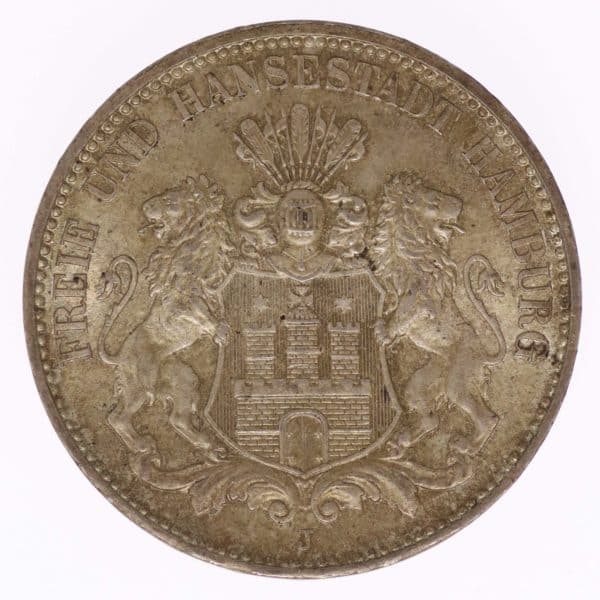 deutsches-kaiserreich-ab-1871-deutsche-silbermuenzen - Hamburg Stadtwappen 3 Mark 1908