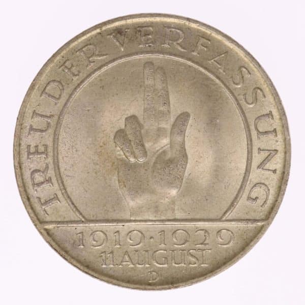 weimarer-republik-deutsche-silbermuenzen - Weimarer Republik 3 Reichsmark 1929 D Schwurhand