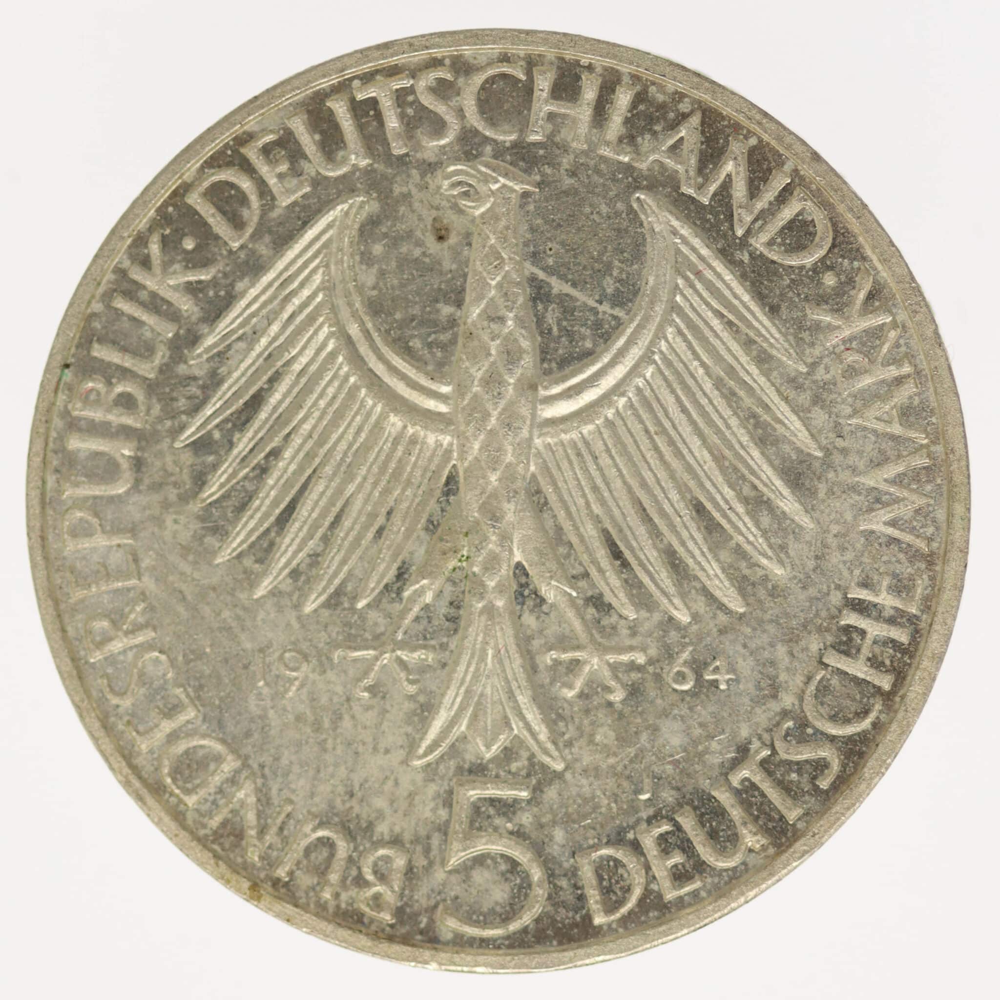 brd-deutsche-silbermuenzen - BRD 5 Mark 1964 Fichte