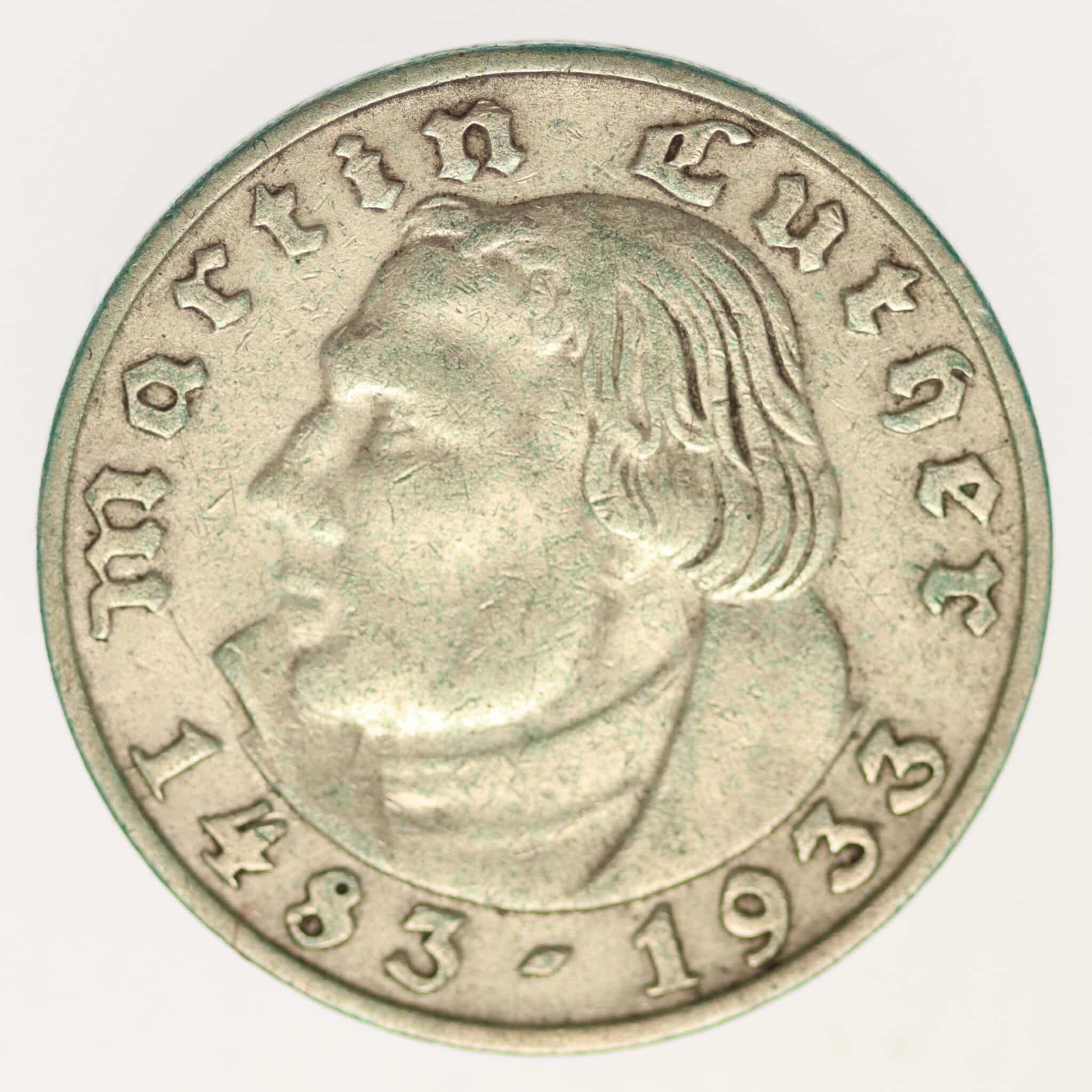 drittes-reich-deutsche-silbermuenzen - Drittes Reich 2 Reichsmark 1933 J Luther