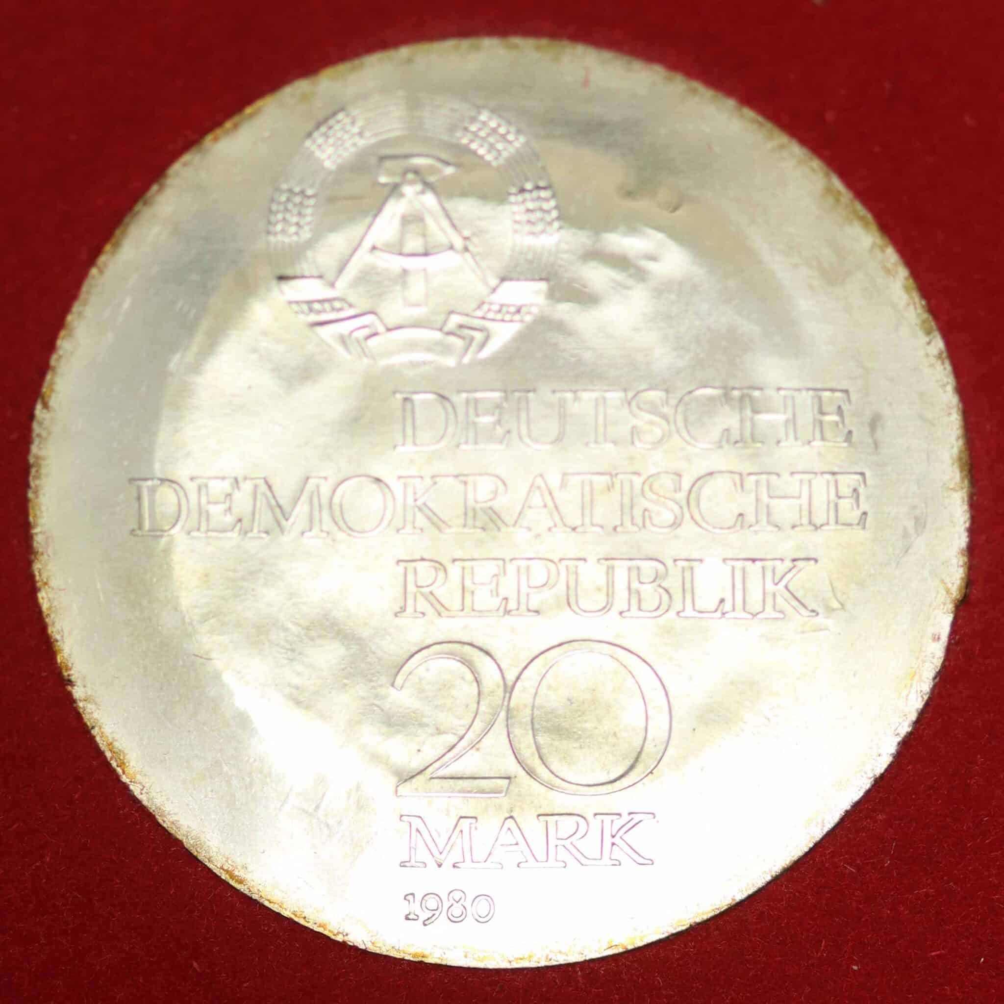 ddr-deutsche-silbermuenzen - DDR 20 Mark 1980 Abbe mit Gegenstempel zur Olympiade in Moskau