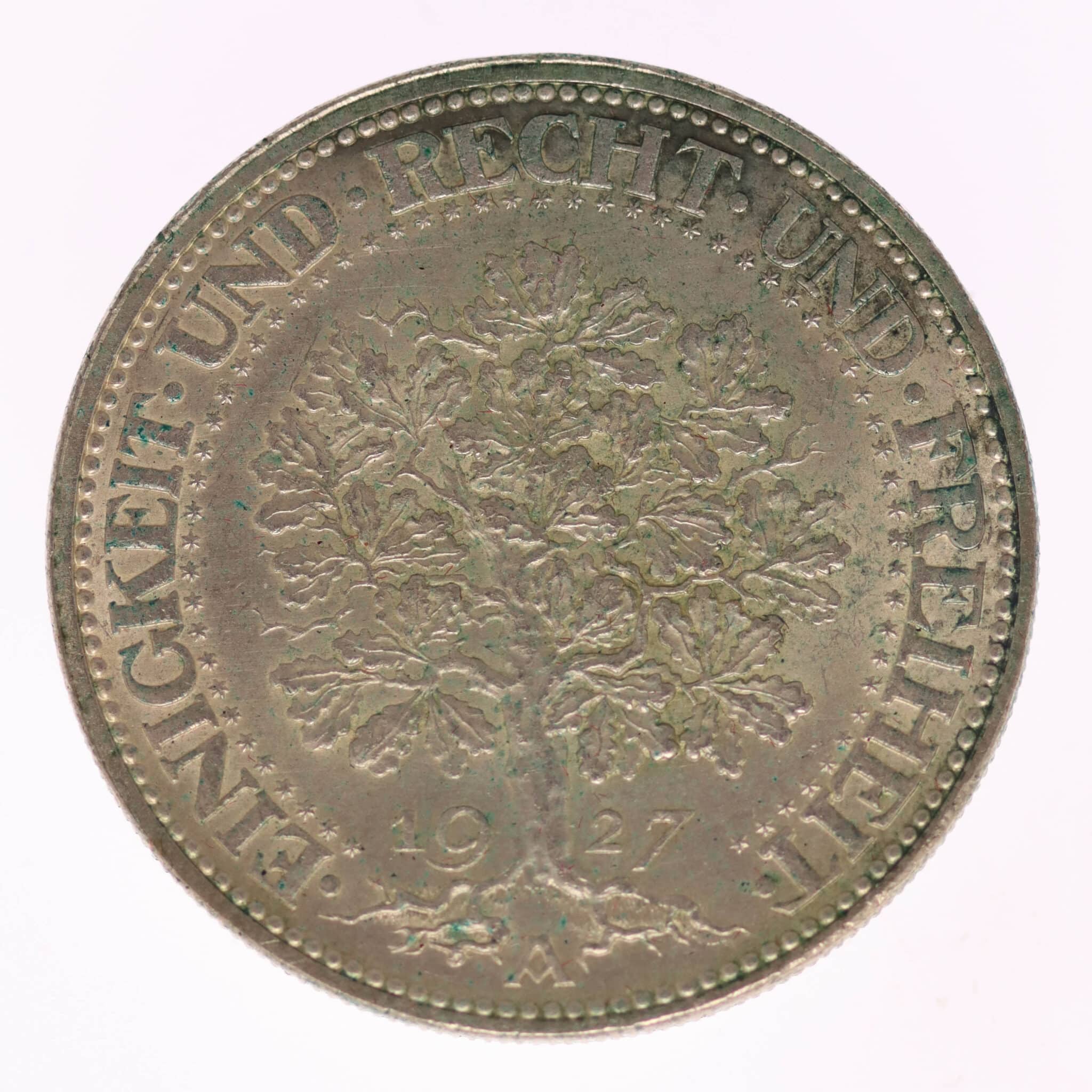 weimarer-republik-deutsche-silbermuenzen - Weimarer Republik 5 Reichsmark 1927 A Eichbaum