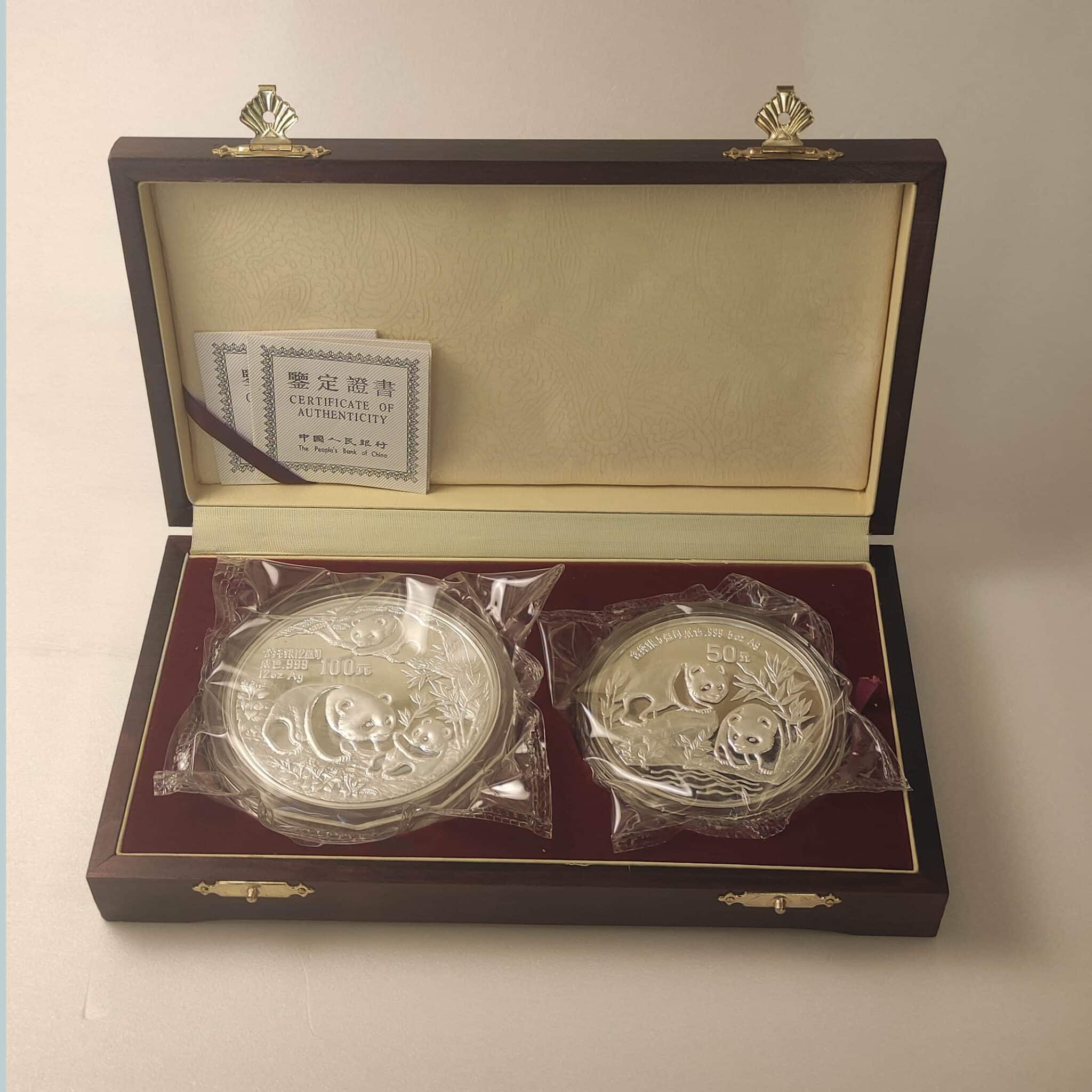china-silbermuenzen-uebrige-welt - China Silbermünzen Panda Set 50 + 100 Yuan 1991 5 + 12 Unzen
