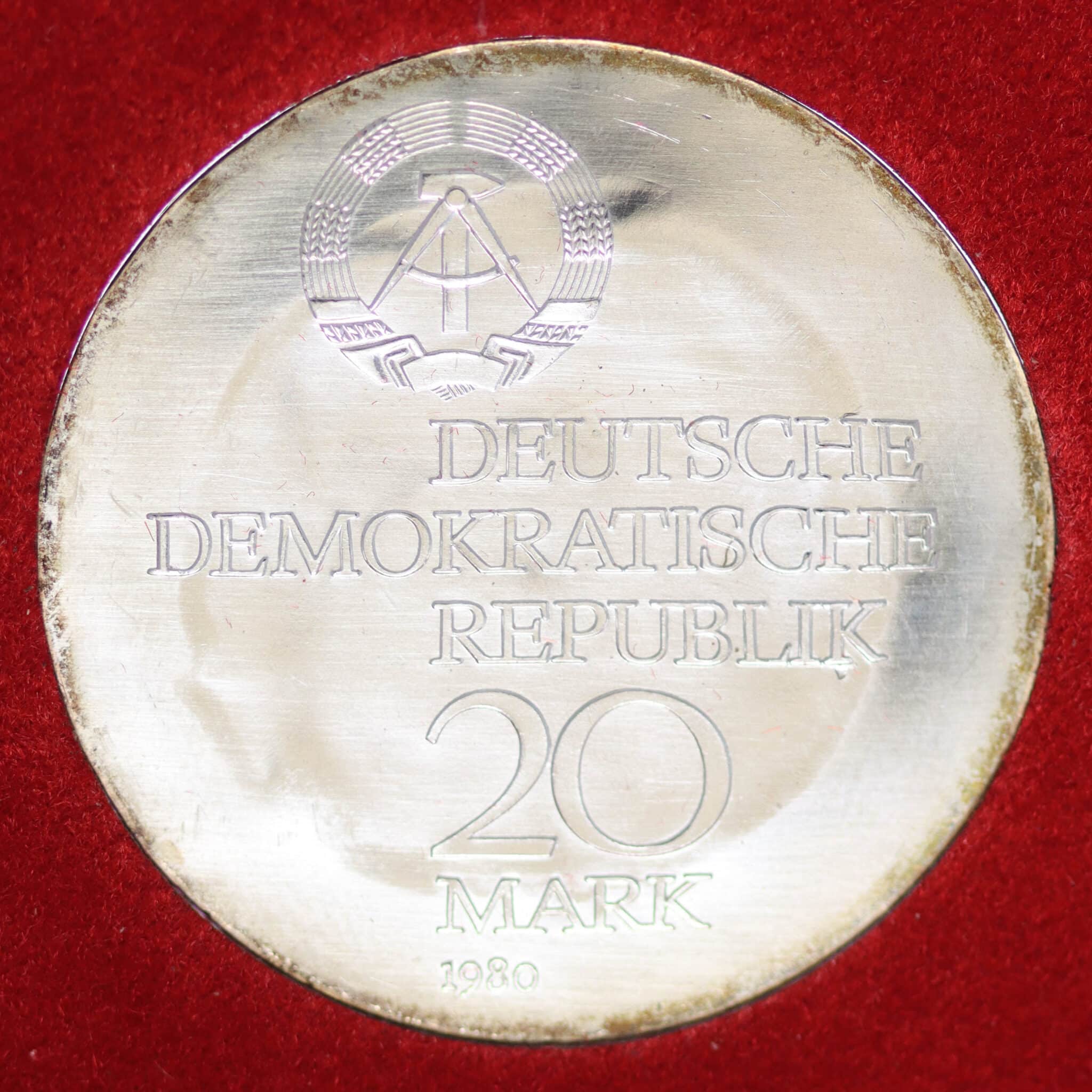 ddr-deutsche-silbermuenzen - DDR 20 Mark 1980 Abbe mit Gegenstempel zur Olympiade in Moskau