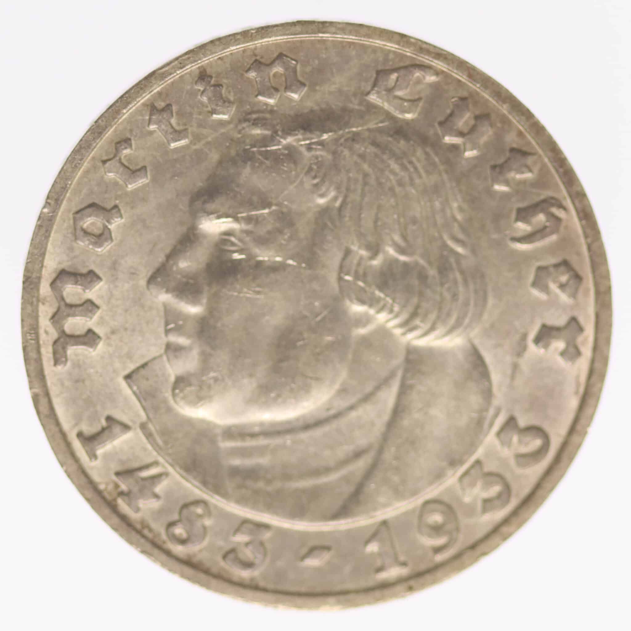 drittes-reich-deutsche-silbermuenzen - Drittes Reich 5 Reichsmark 1933 D Luther