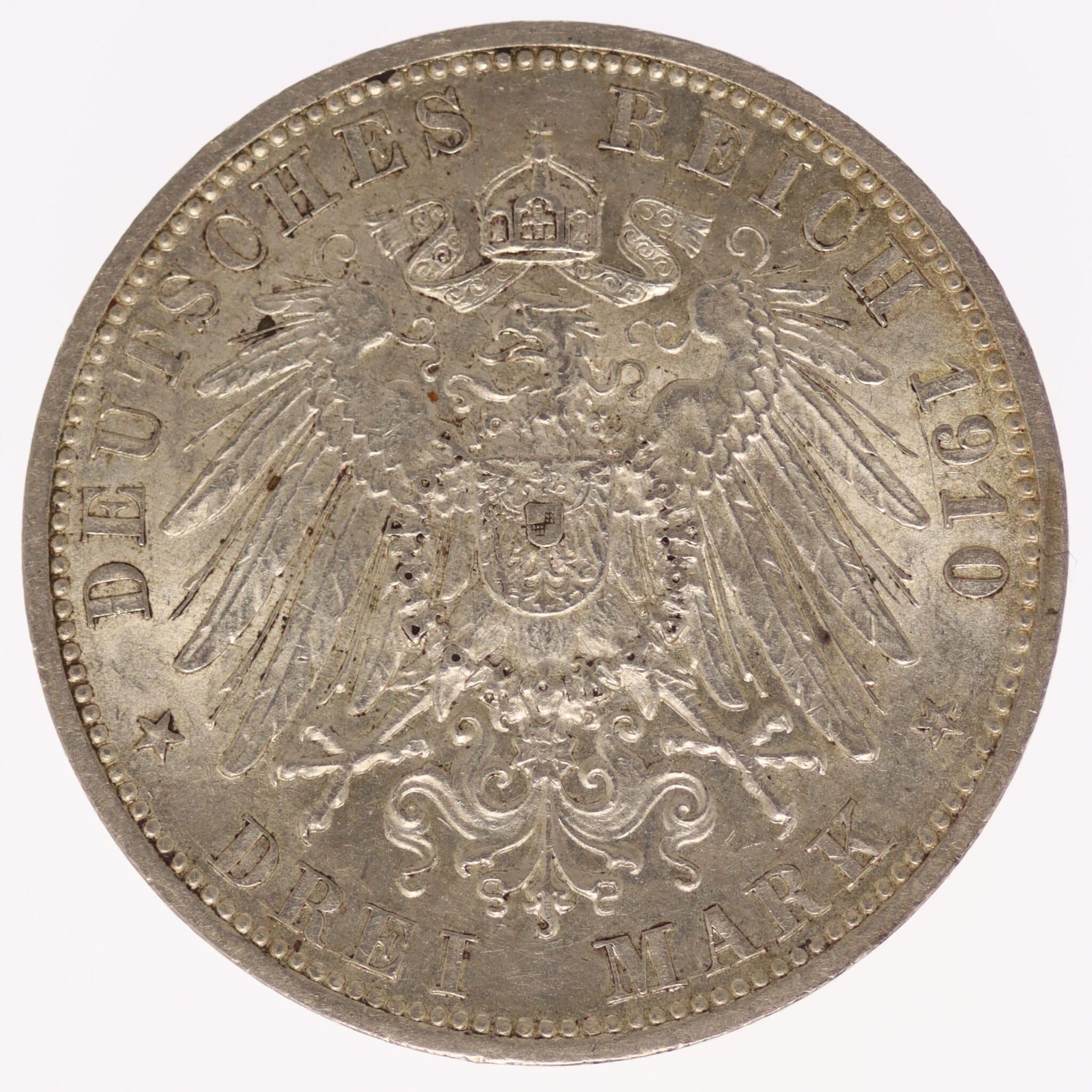 deutsches-kaiserreich-ab-1871-deutsche-silbermuenzen - Hessen Ernst Ludwig 3 Mark 1910