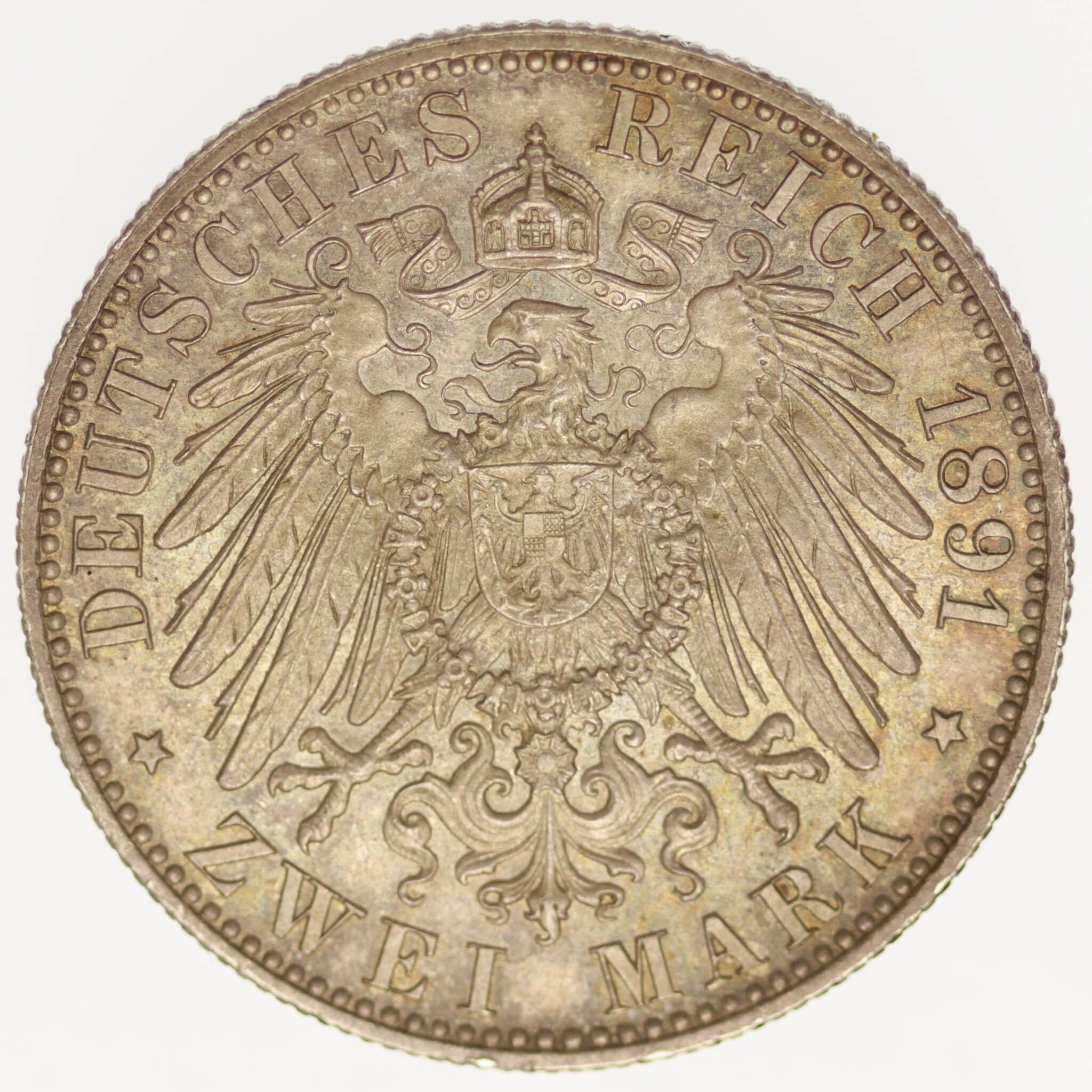 deutsches-kaiserreich-ab-1871-deutsche-silbermuenzen - Oldenburg Nicolaus Friedrich Peter 2 Mark 1891
