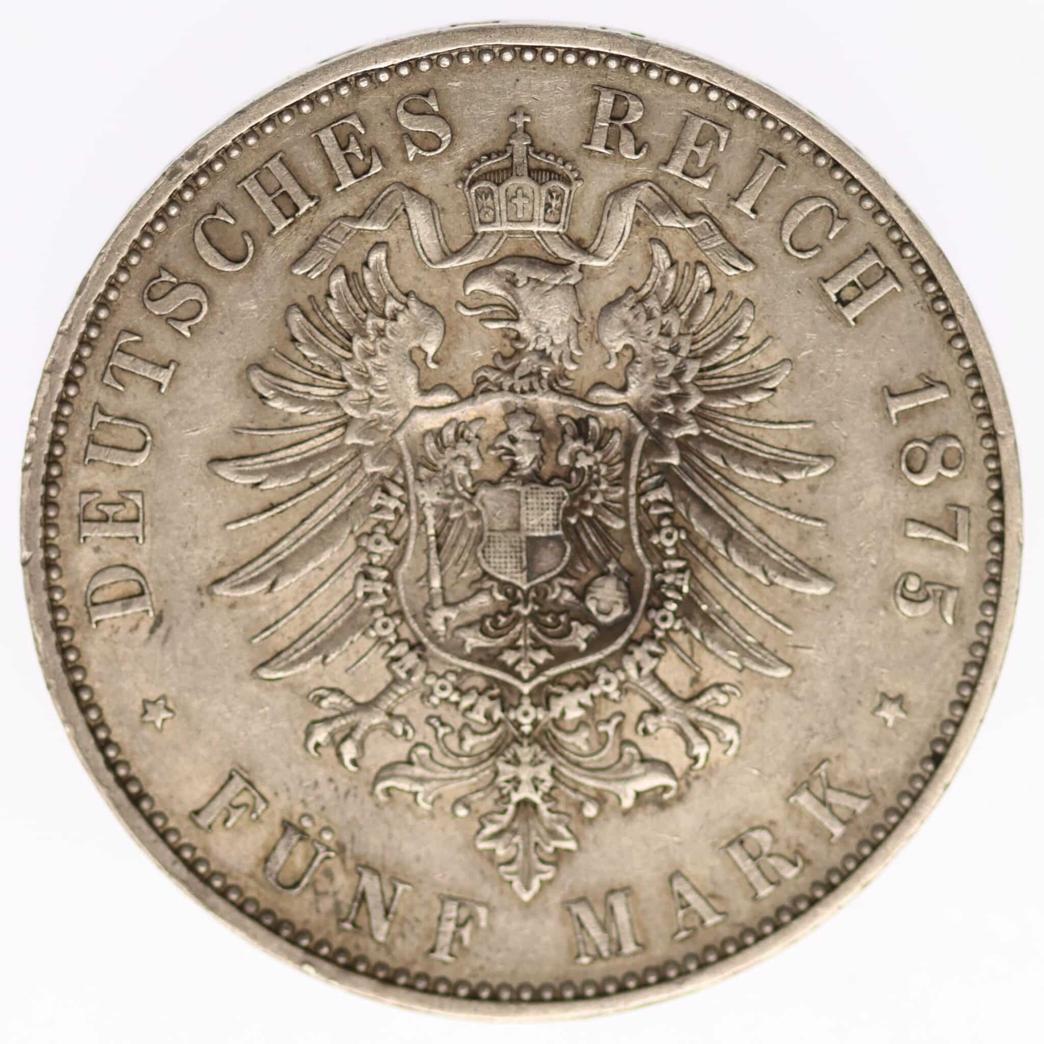 deutsches-kaiserreich-ab-1871-deutsche-silbermuenzen - Hessen Ludwig III. 5 Mark 1875 H
