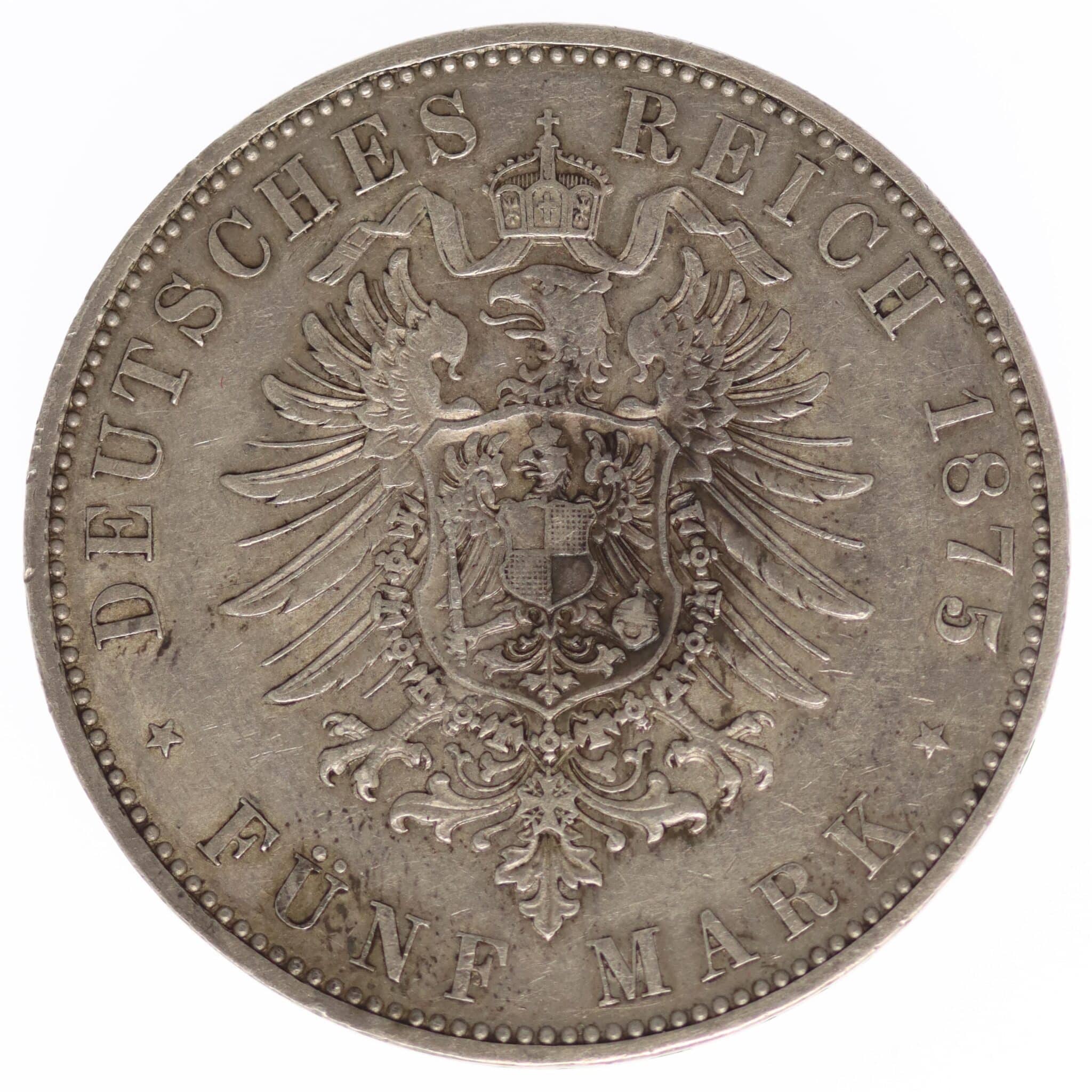 deutsches-kaiserreich-ab-1871-deutsche-silbermuenzen - Hessen Ludwig III. 5 Mark 1875 H