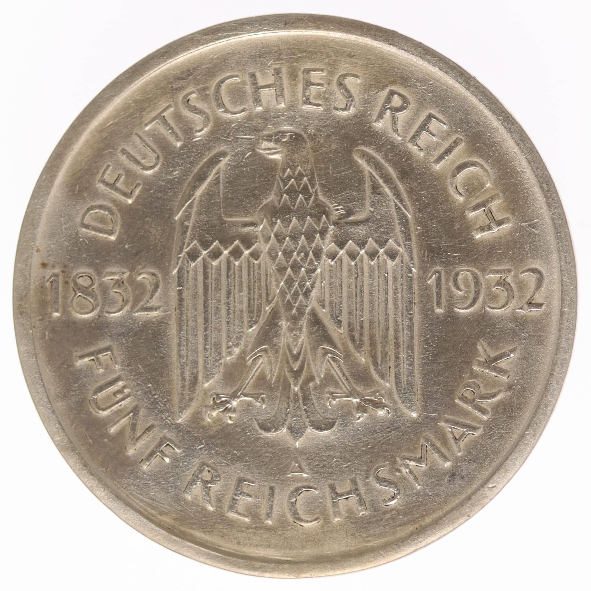 weimarer-republik-deutsche-silbermuenzen - Weimarer Republik 5 Reichsmark 1932 A Goethe