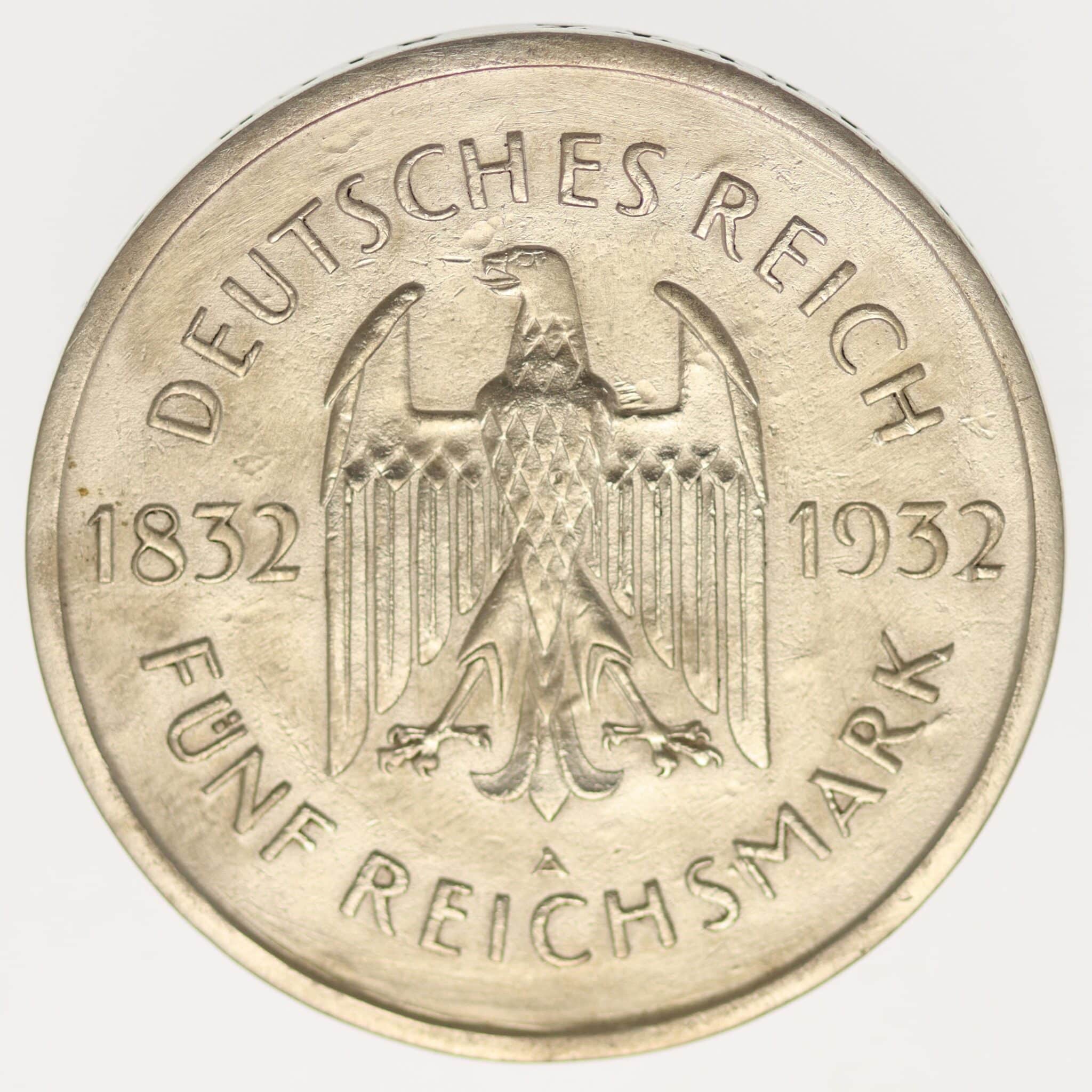 weimarer-republik-deutsche-silbermuenzen - Weimarer Republik 5 Reichsmark 1932 A Goethe
