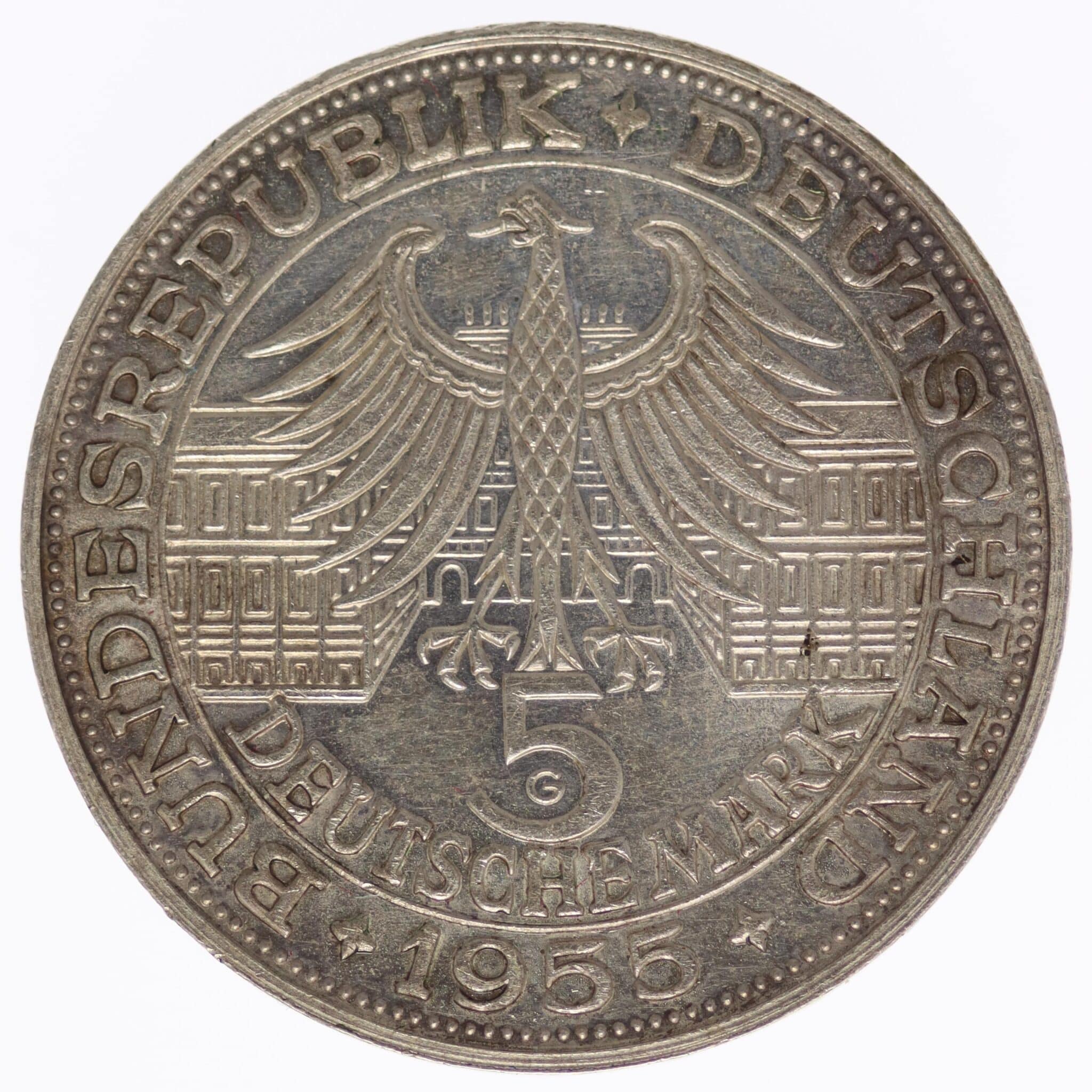 brd-deutsche-silbermuenzen - BRD 5 Mark 1955 Markgraf von Baden