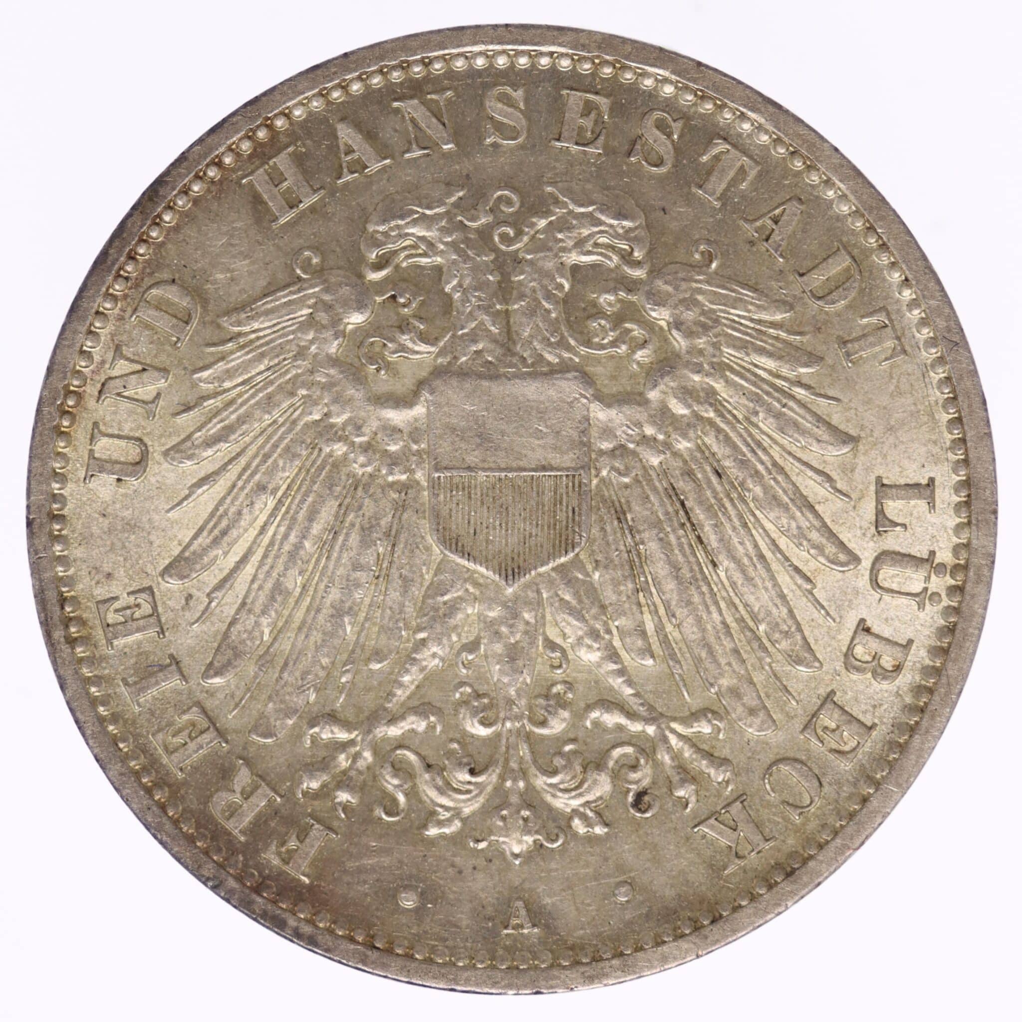 deutsches-kaiserreich-ab-1871-deutsche-silbermuenzen - Lübeck Stadtwappen 3 Mark 1909