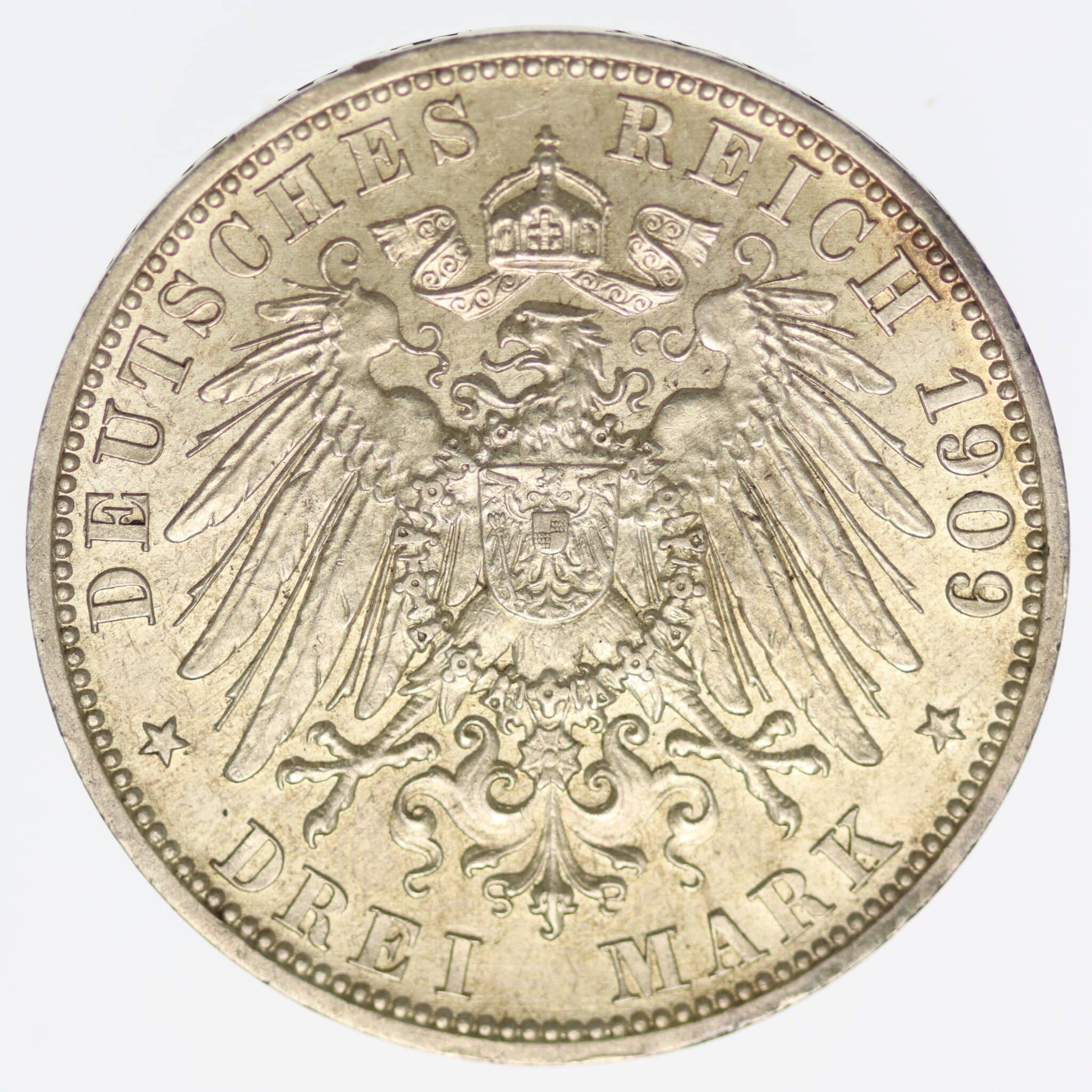 deutsches-kaiserreich-ab-1871-deutsche-silbermuenzen - Lübeck Stadtwappen 3 Mark 1909