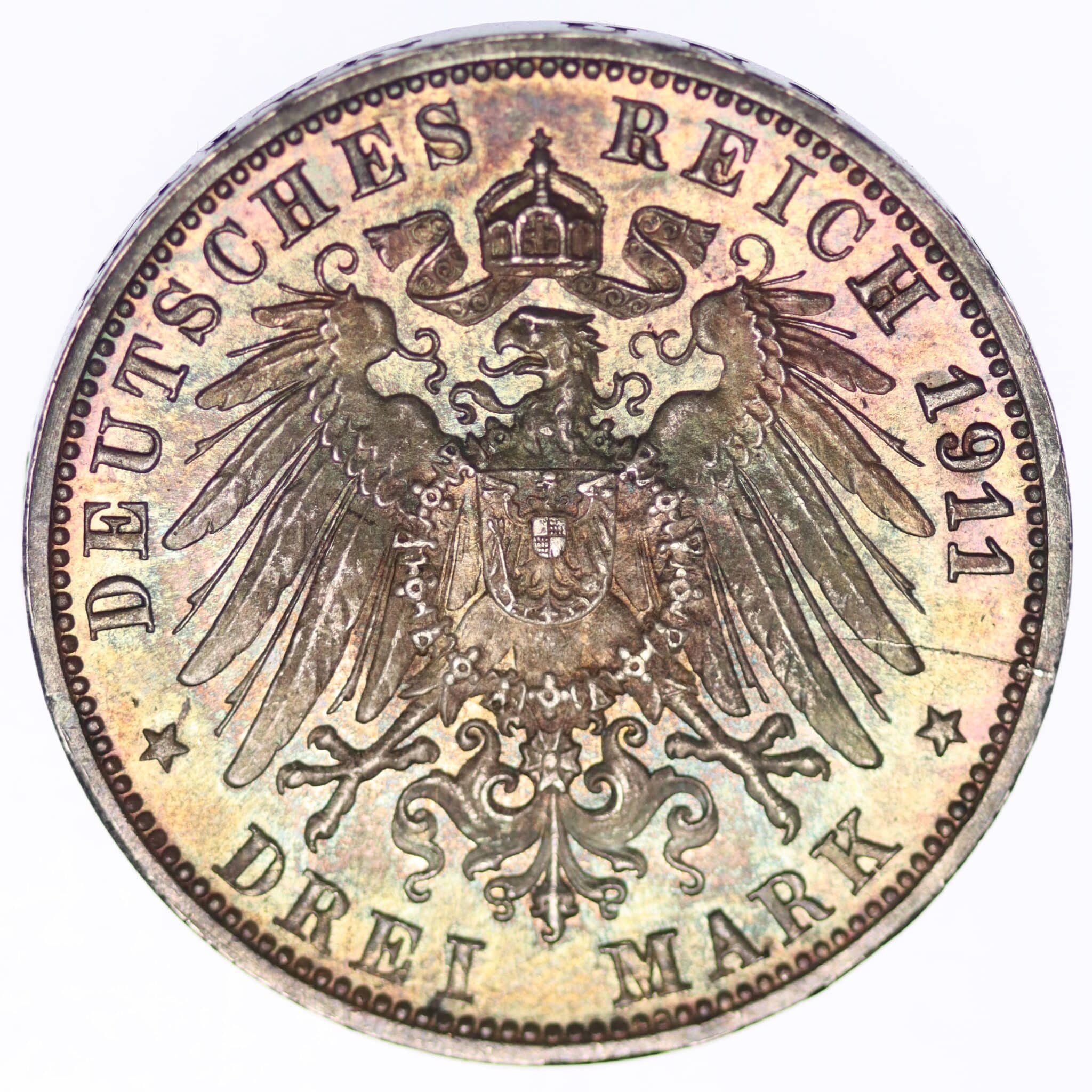 deutsches-kaiserreich-ab-1871-deutsche-silbermuenzen - Württemberg Wilhelm II. 3 Mark 1911