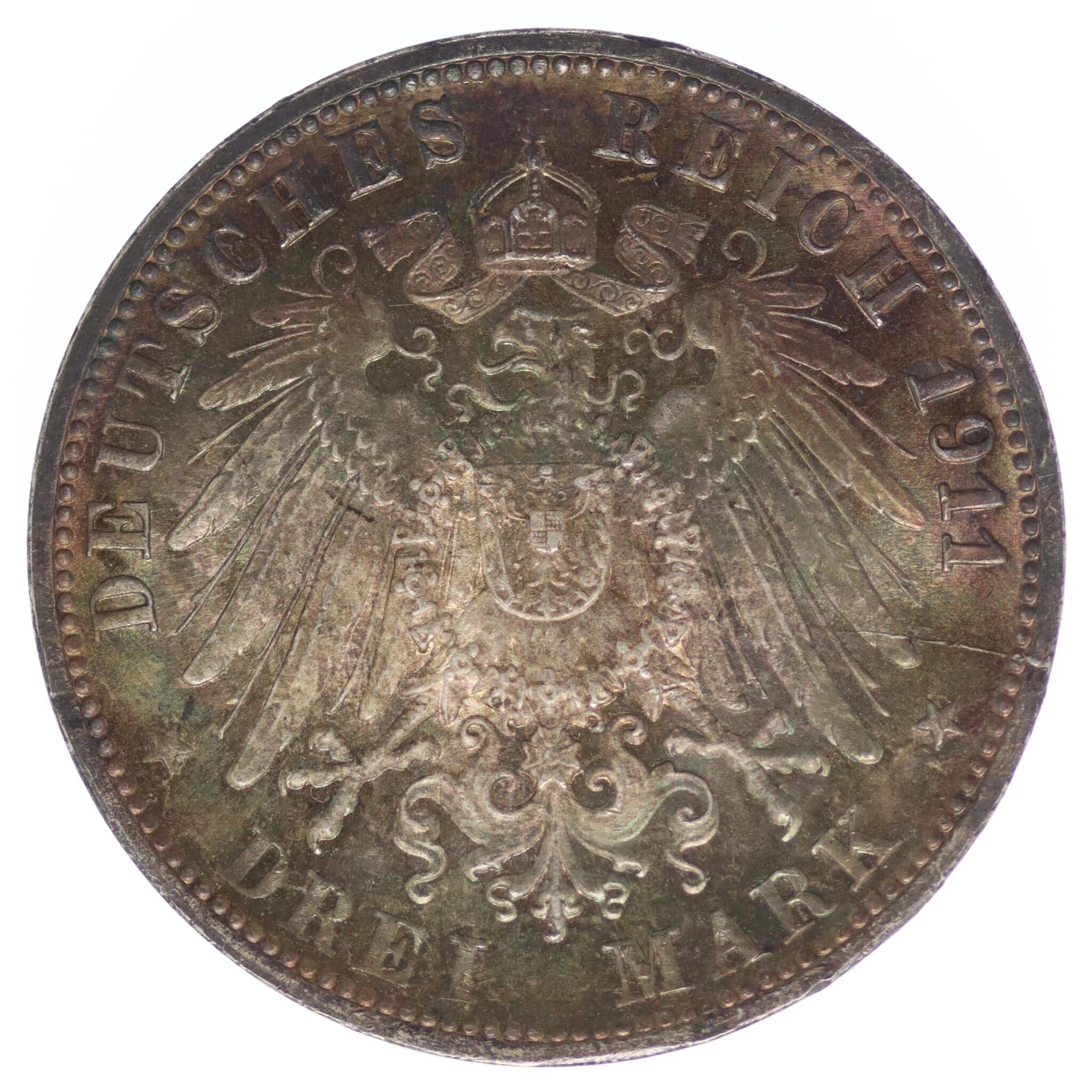 deutsches-kaiserreich-ab-1871-deutsche-silbermuenzen - Württemberg Wilhelm II. 3 Mark 1911