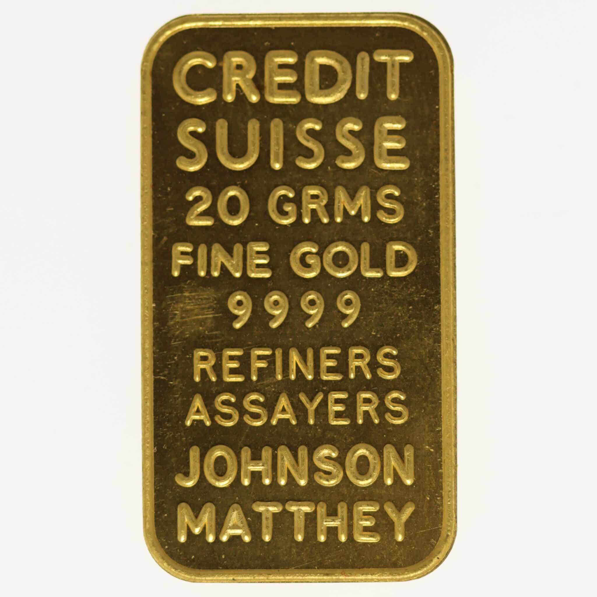 goldbarren - Goldbarren 20 Gramm Johnson Matthey für Credit Suisse