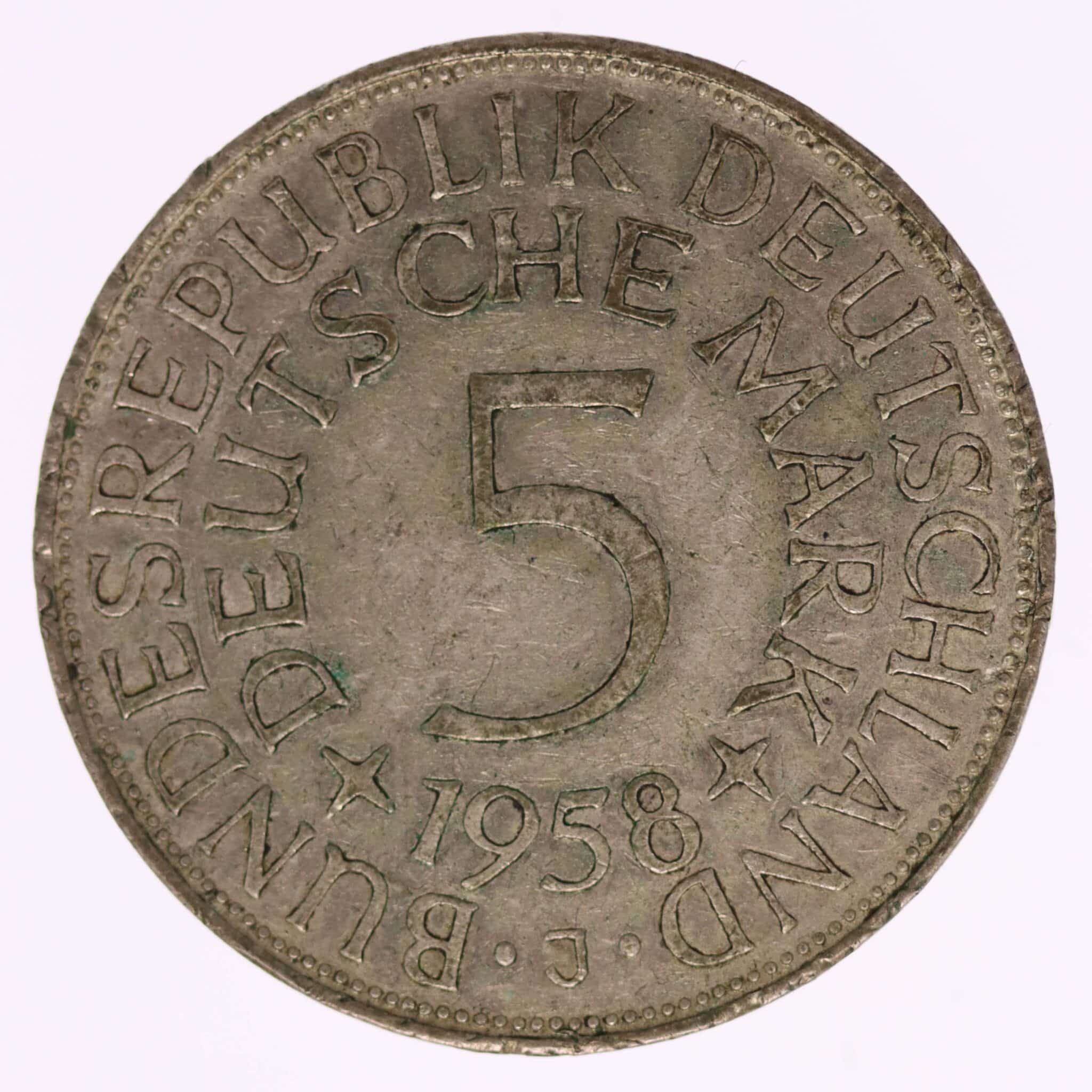 brd-deutsche-silbermuenzen - BRD 5 Mark 1958 J